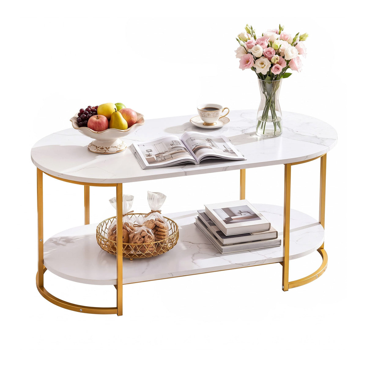 Artiss Coffee Table 2 Tier Oval Marble Finish Storage Shelf Metal Frame Center Table Living Room 100x50x45cm White & Gold