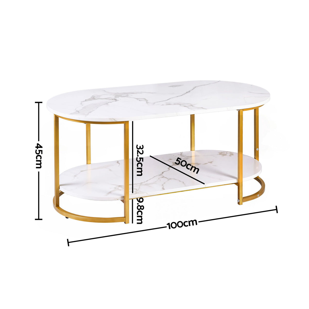 Artiss Coffee Table 2 Tier Oval Marble Finish Storage Shelf Metal Frame Center Table Living Room 100x50x45cm White & Gold