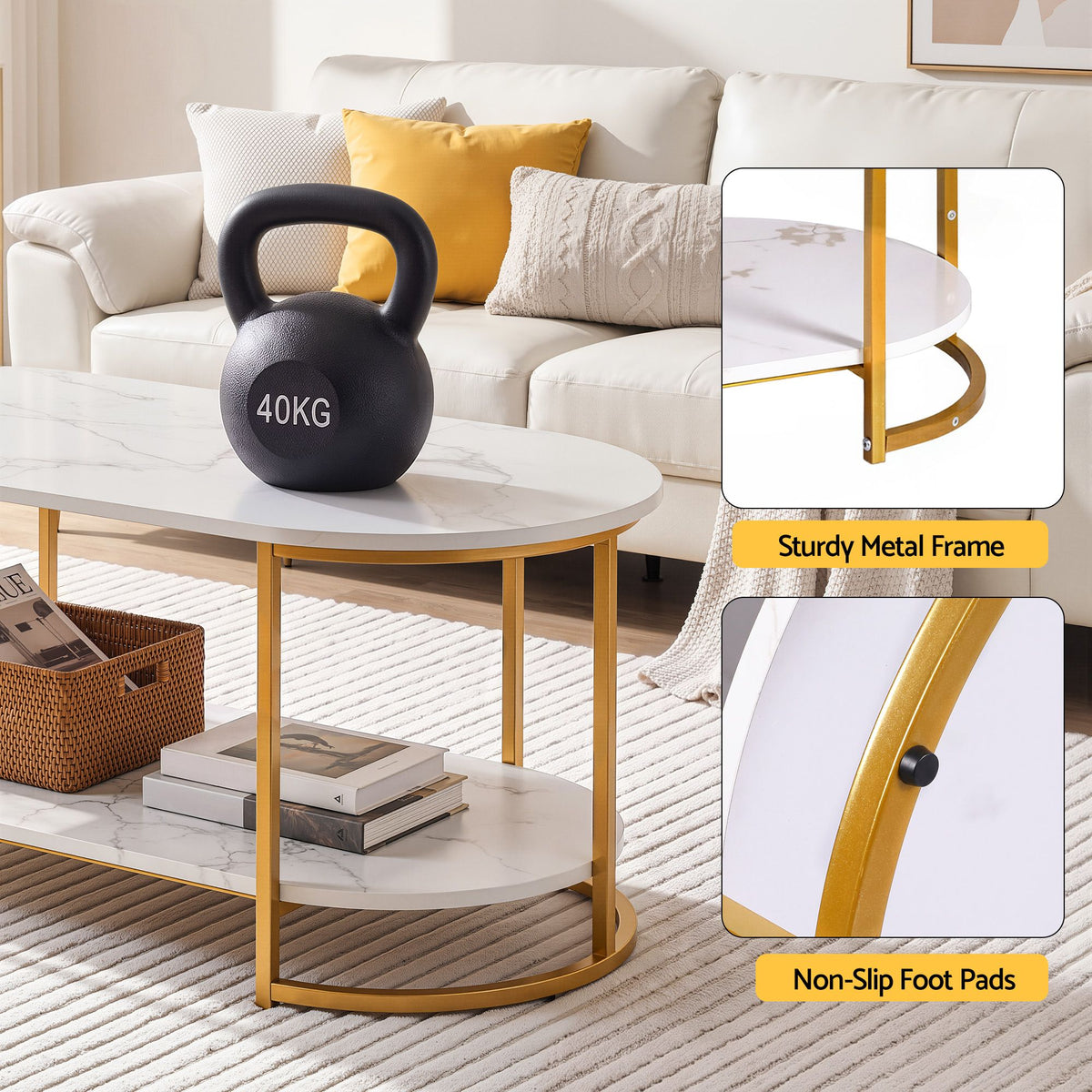 Artiss Coffee Table 2 Tier Oval Marble Finish Storage Shelf Metal Frame Center Table Living Room 100x50x45cm White & Gold