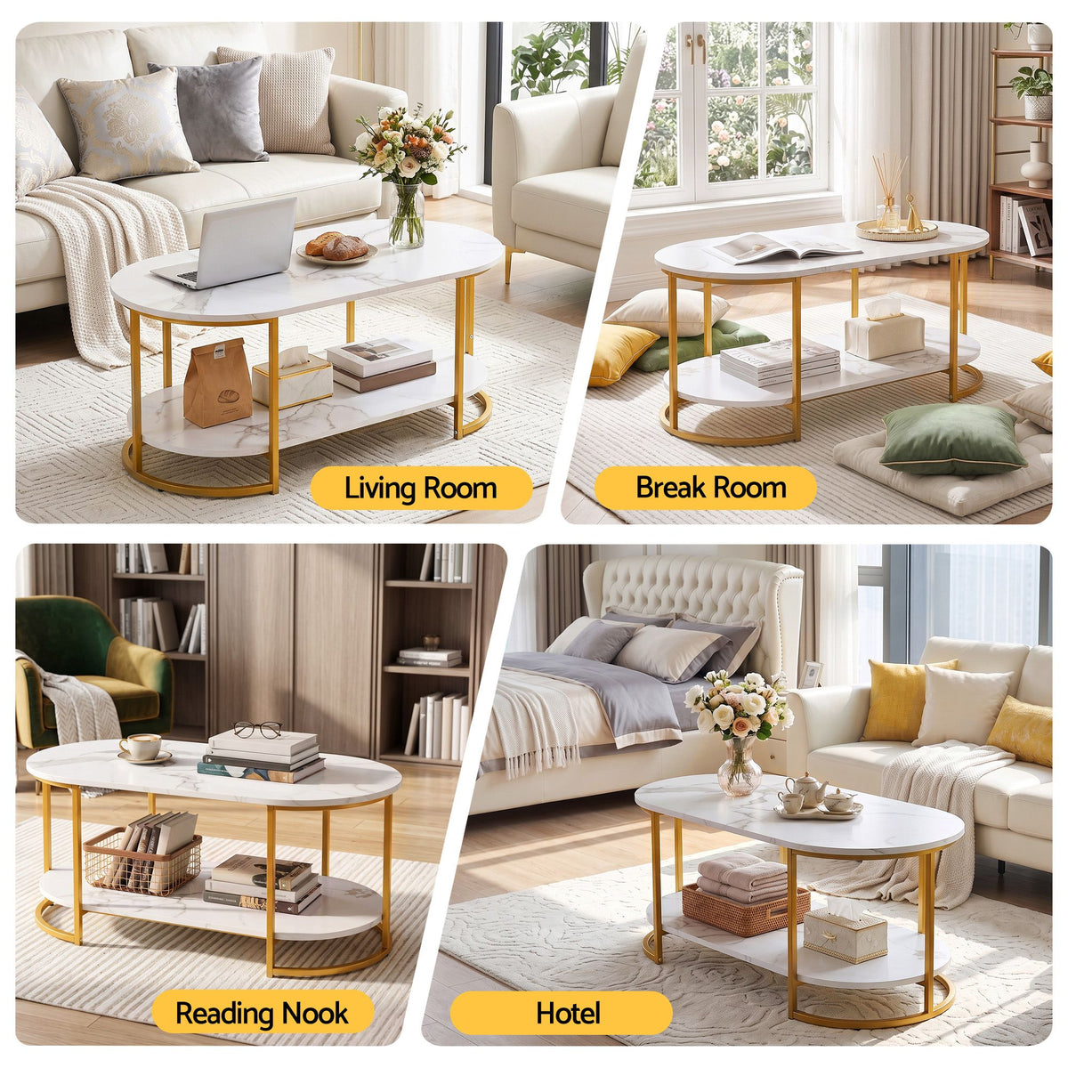 Artiss Coffee Table 2 Tier Oval Marble Finish Storage Shelf Metal Frame Center Table Living Room 100x50x45cm White & Gold