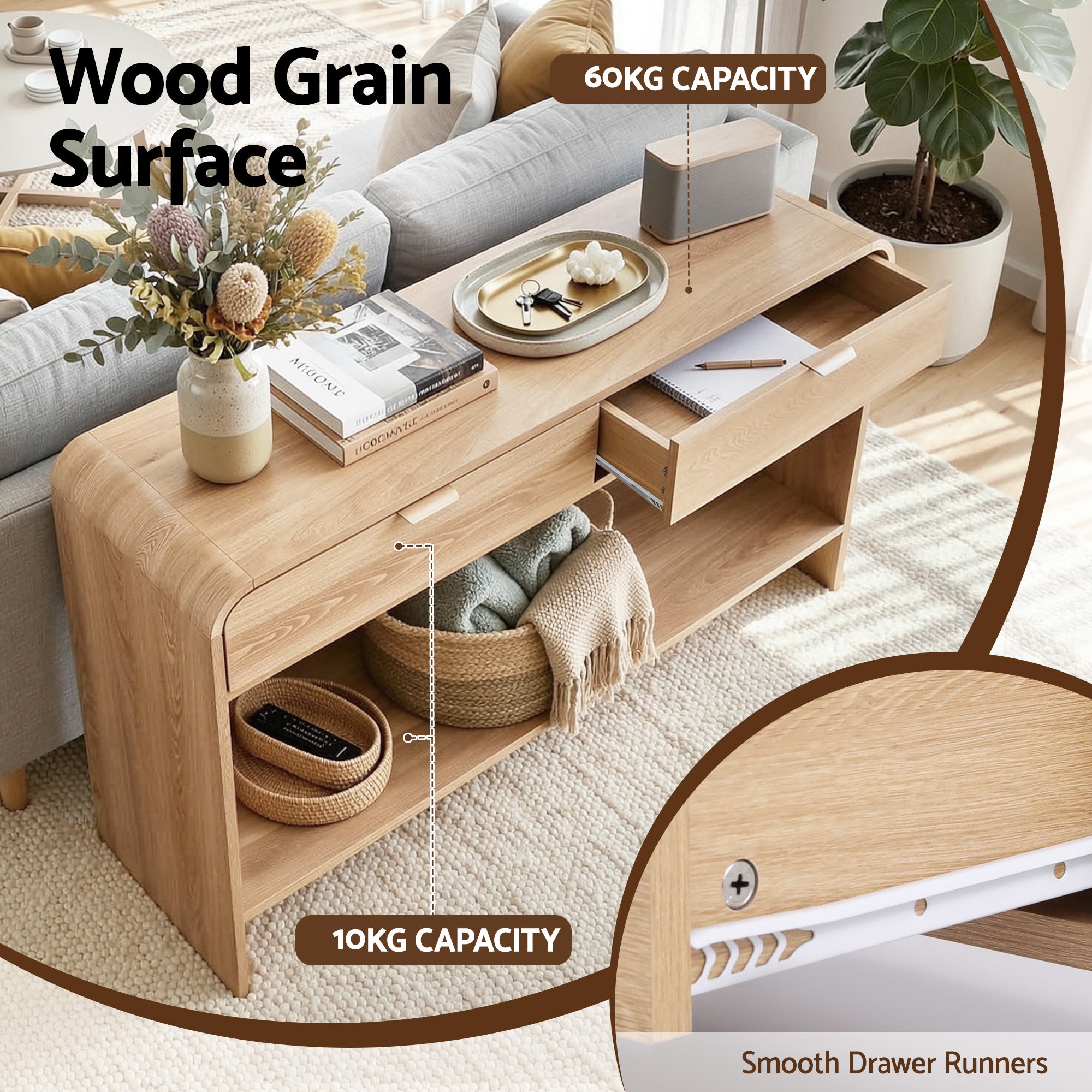 Artiss Console Table Hallway Entryway Storage Drawer Shelf Curved Edge 120CM Pine