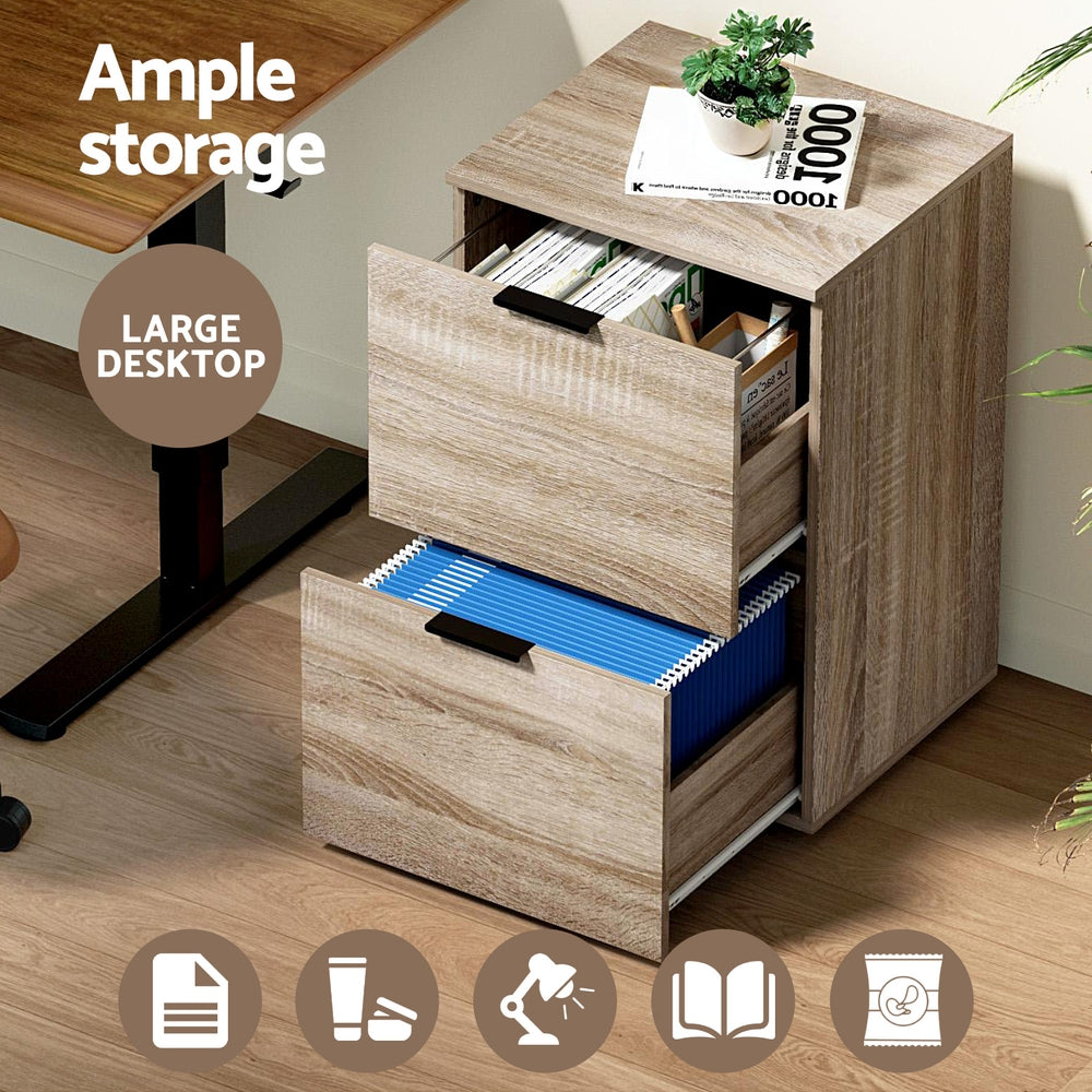Artiss Filing Cabinet Files Storage Office Shelves File Organiser Oak 2 Drawer