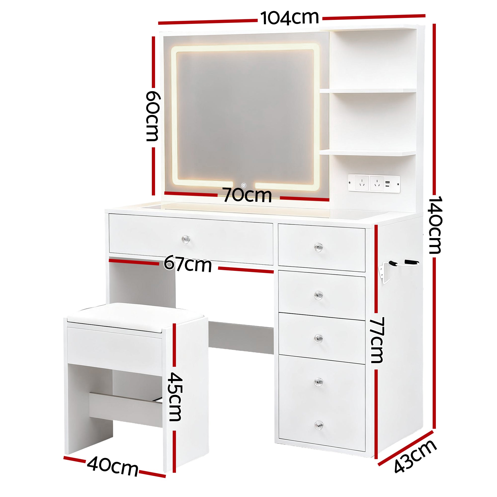 Artiss Dressing Table LED Vanity Desk Set Stool White