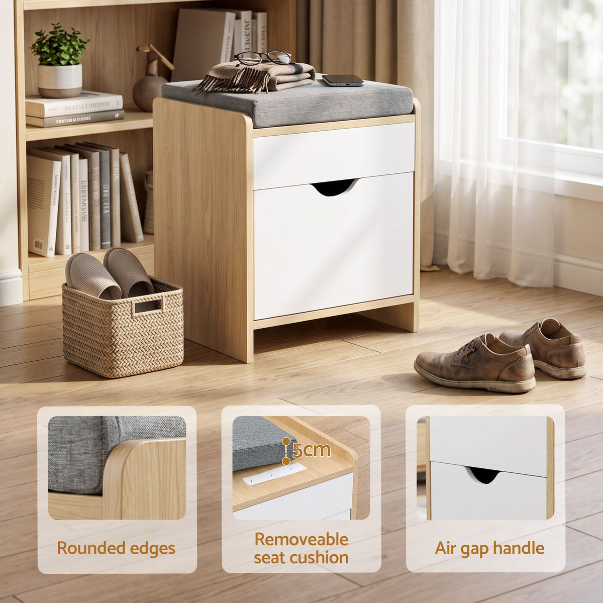 Artiss Storage Ottoman with Drawer 100kg Capacity Footrest Cushion Oak
