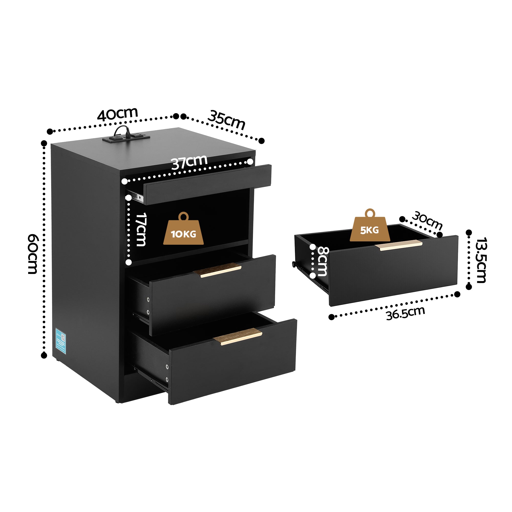 Artiss Bedside Table LED Nightstand Charging Station 2 Drawers - Black