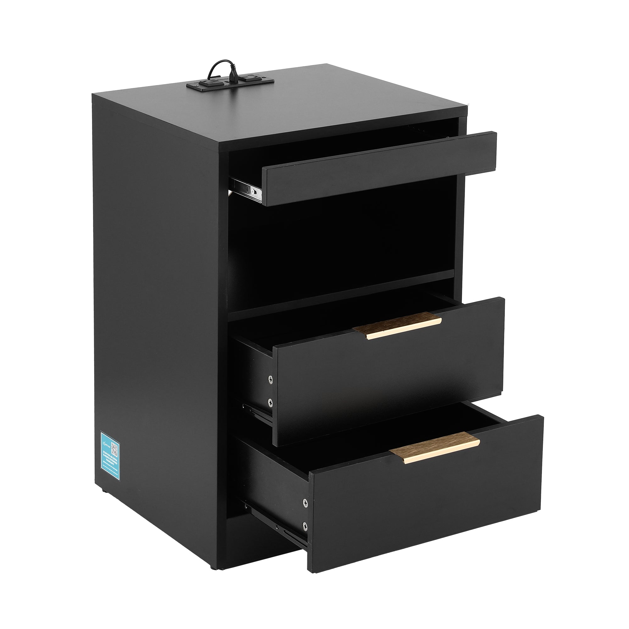 Artiss Bedside Table LED Nightstand Charging Station 2 Drawers - Black
