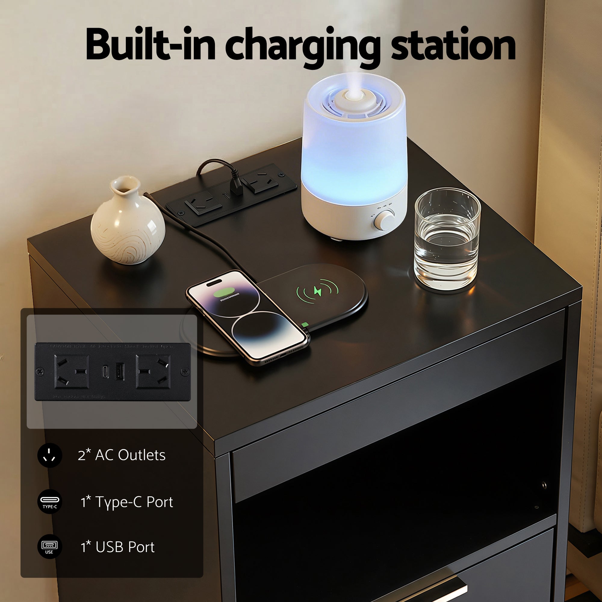 Artiss Bedside Table LED Nightstand Charging Station 2 Drawers - Black