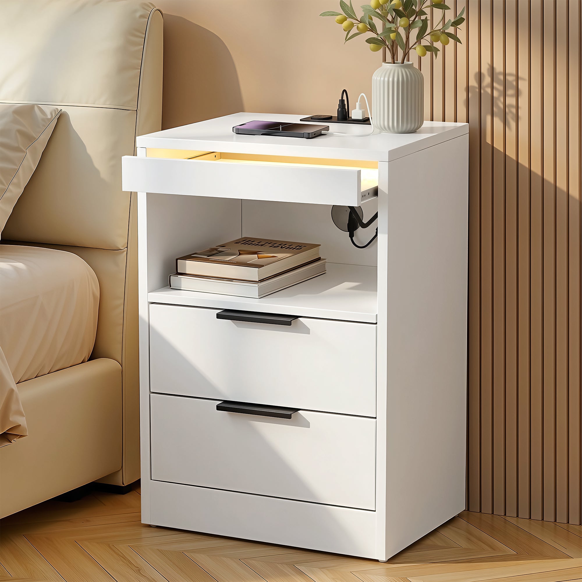 Artiss Bedside Table LED Nightstand Charging Station 2 Drawers - White