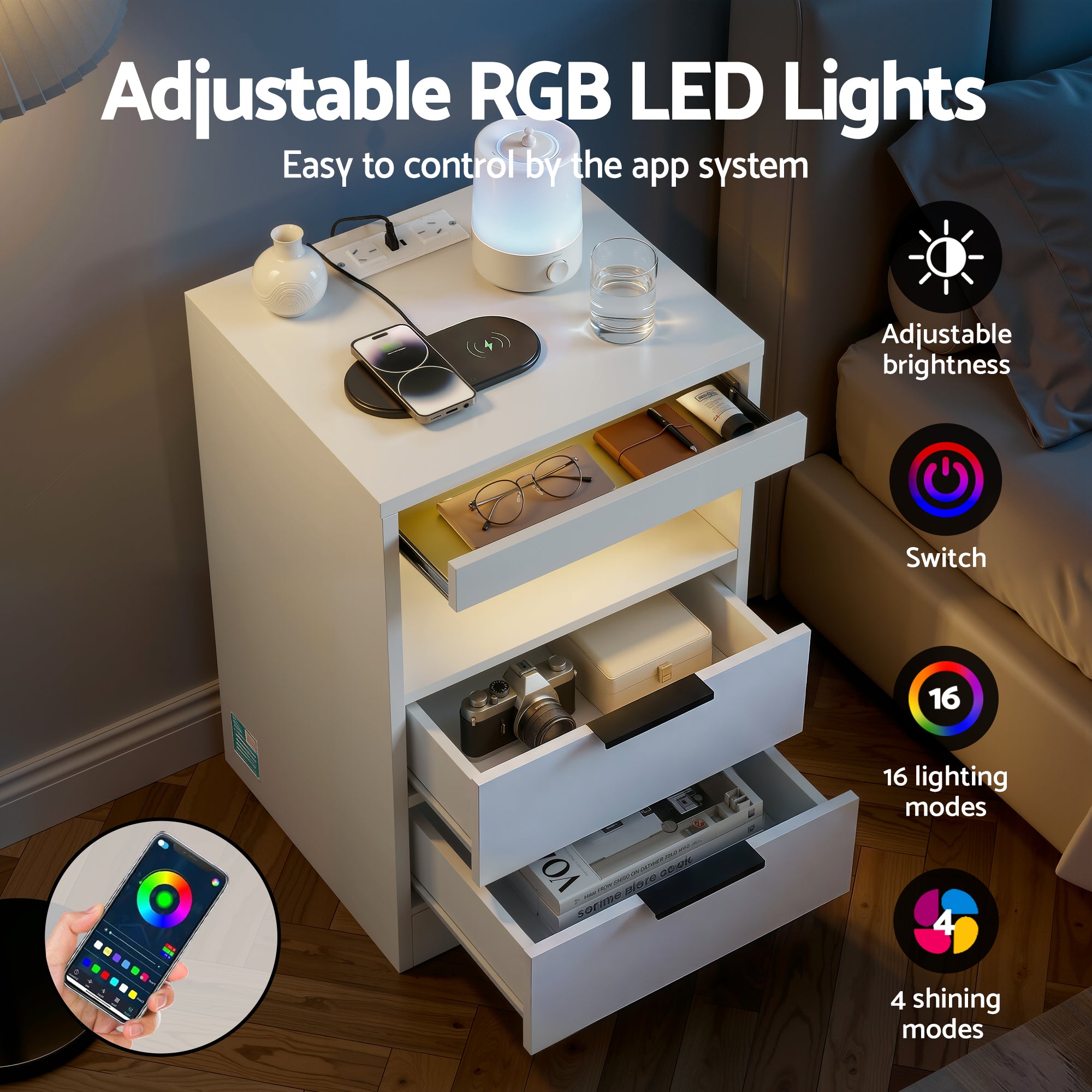 Artiss Bedside Table LED Nightstand Charging Station 2 Drawers - White