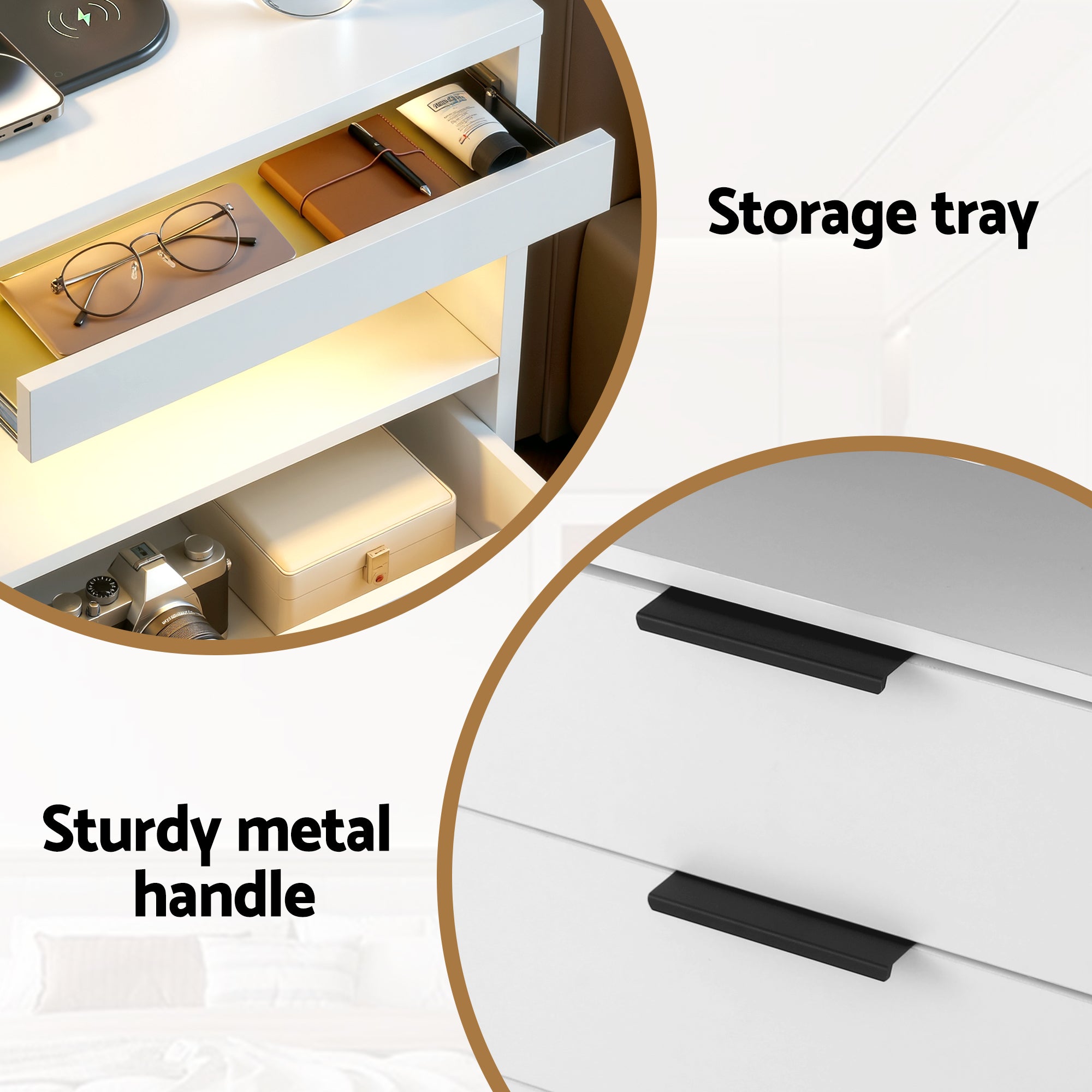 Artiss Bedside Table LED Nightstand Charging Station 2 Drawers - White