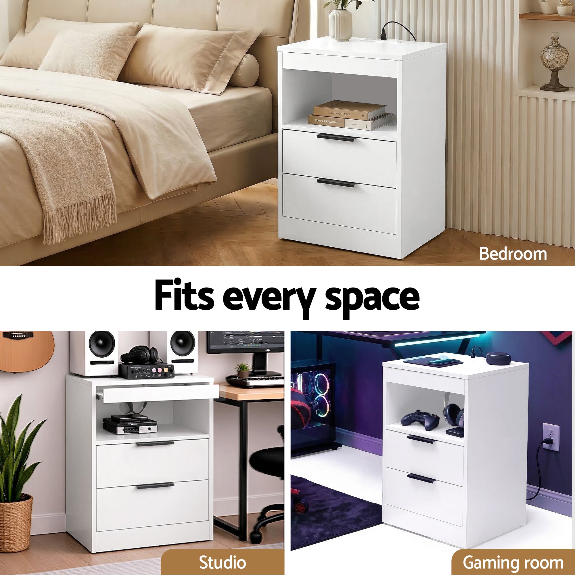 Artiss Bedside Table LED Nightstand Charging Station 2 Drawers - White