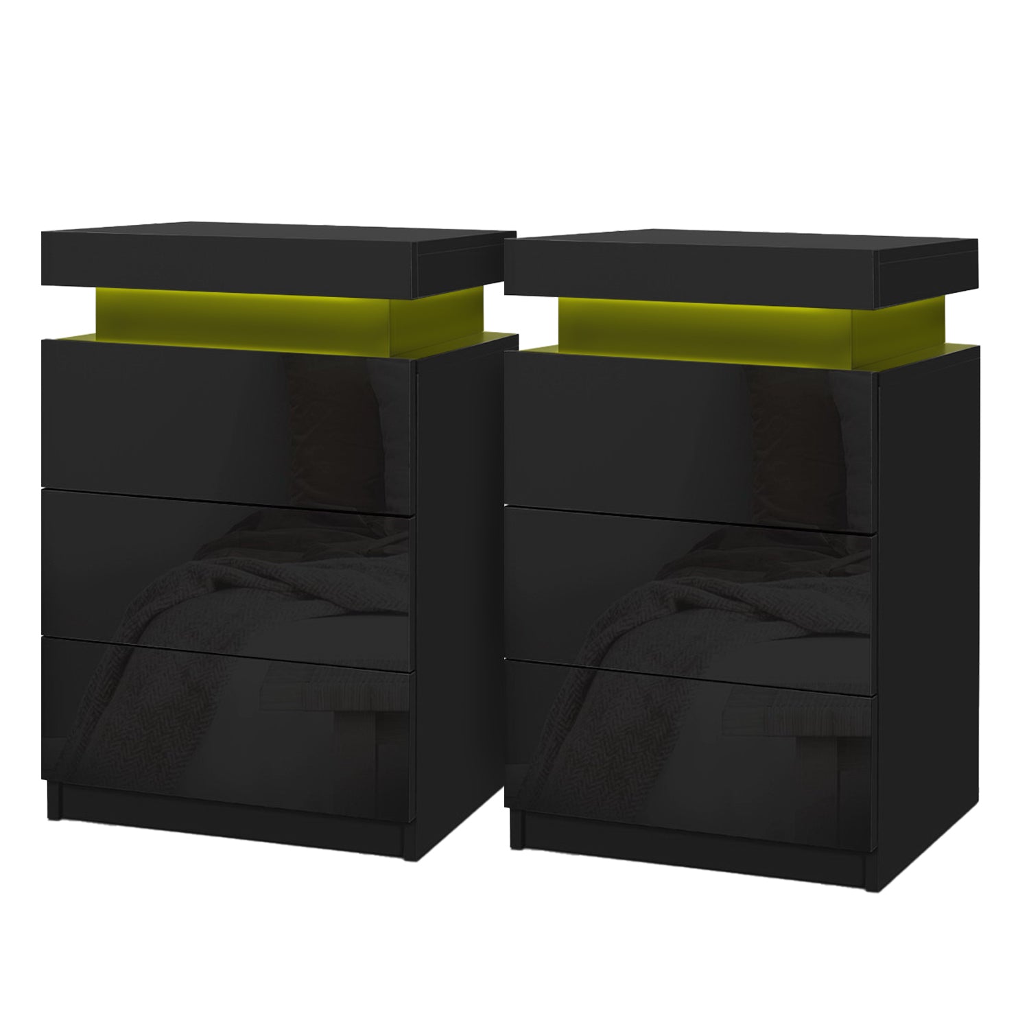 Artiss 2X Bedside Table LED 3 Drawers - COLEY Black