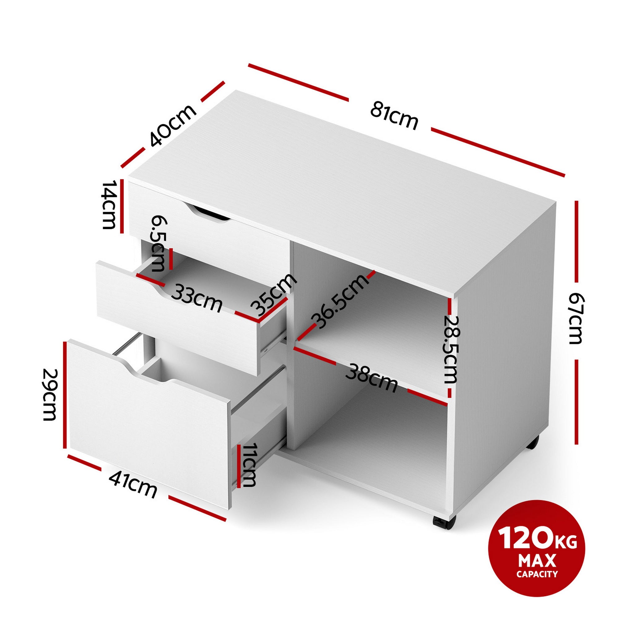 Artiss 3 Drawer Mobile Filing Cabinet Printer Stand Cabinet Home Office Storage White