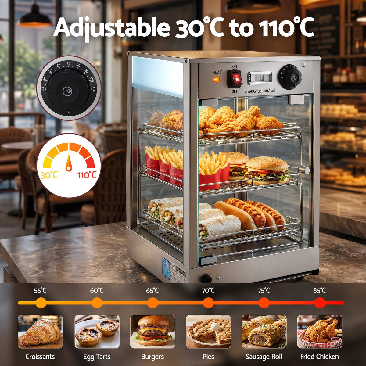 Devanti Commercial Food Warmer 850W 3 Shelf Heated Display Cabinet