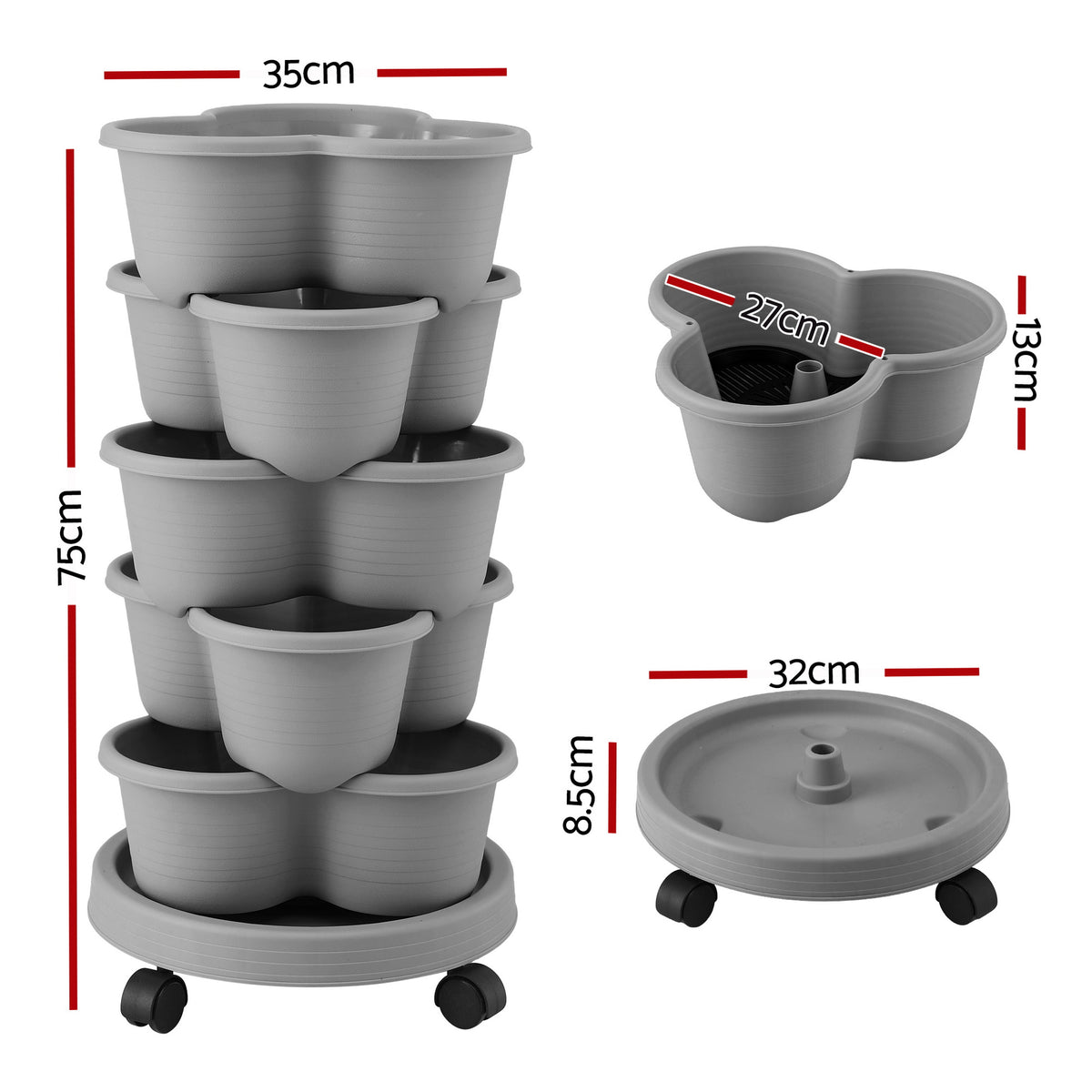 Green Fingers 5 Tier Vertical Garden Planter, Stackable Planters with 4 Wheels, Grey, Raised Garden Bed, Garden Tower Indoor Outdoor, Auto Drainage System, for Strawberries, Herbs, Flower, Vegetables