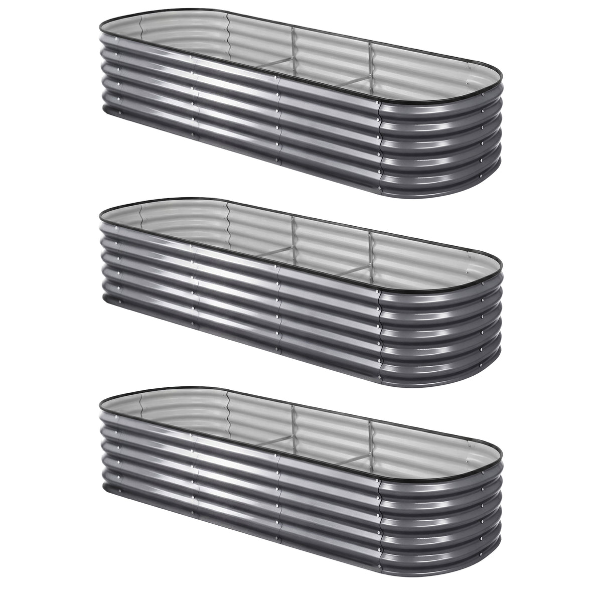 Green Fingers 3 Pcs Raised Garden Bed Kit Oval Galvanized Steel Planter Boxes 240x80x42cm, Heavy Duty Metal Elevated Garden Bed for Vegetables Flowers Herbs, with Safety Edging, Gloves & Pegs Included