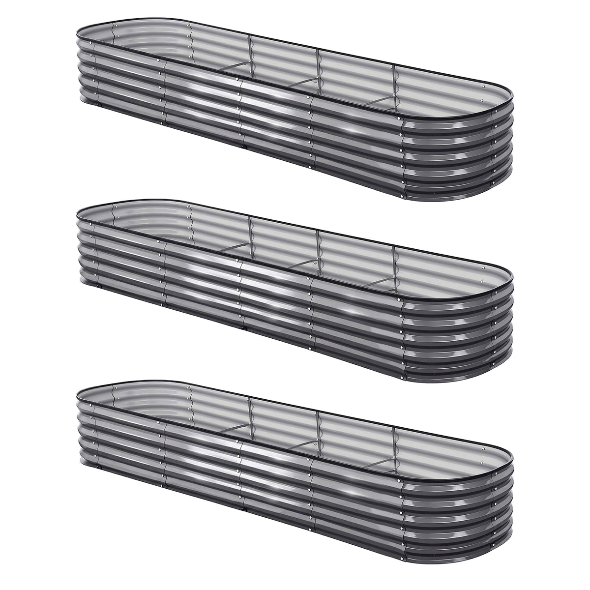 Green Fingers 3 Pcs Raised Garden Bed Kit Oval Galvanized Steel Planter Boxes 320x80x42cm, Heavy Duty Metal Elevated Garden Bed for Vegetables Flowers Herbs, with Safety Edging, Gloves & Pegs Included