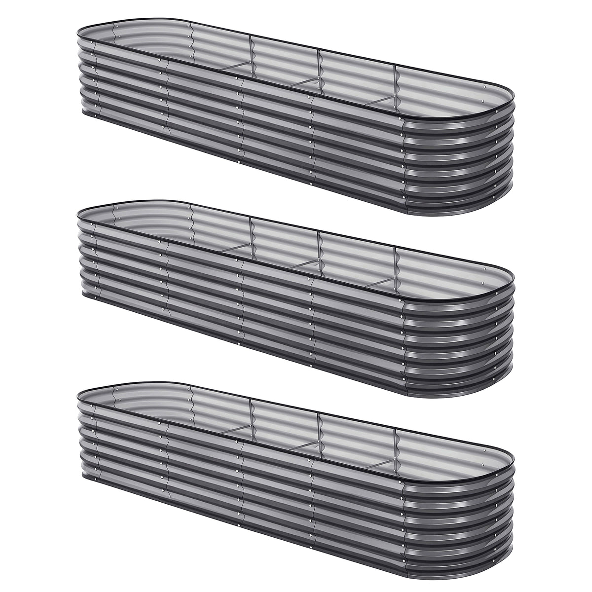 Green Fingers 3 Pcs Raised Garden Bed Kit Oval Galvanized Steel Planter Boxes 320x80x56cm, Heavy Duty Metal Elevated Garden Bed for Vegetables Flowers Herbs, with Safety Edging, Gloves & Pegs Included