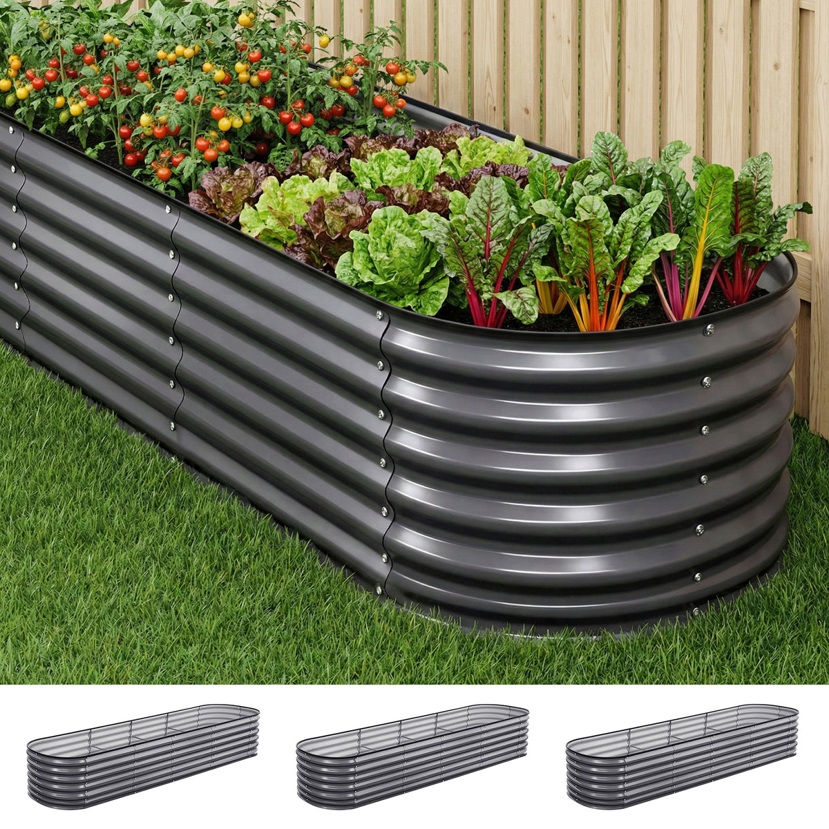 Green Fingers 3 Pcs Raised Garden Bed Kit Oval Galvanized Steel Planter Boxes 320x80x56cm, Heavy Duty Metal Elevated Garden Bed for Vegetables Flowers Herbs, with Safety Edging, Gloves & Pegs Included