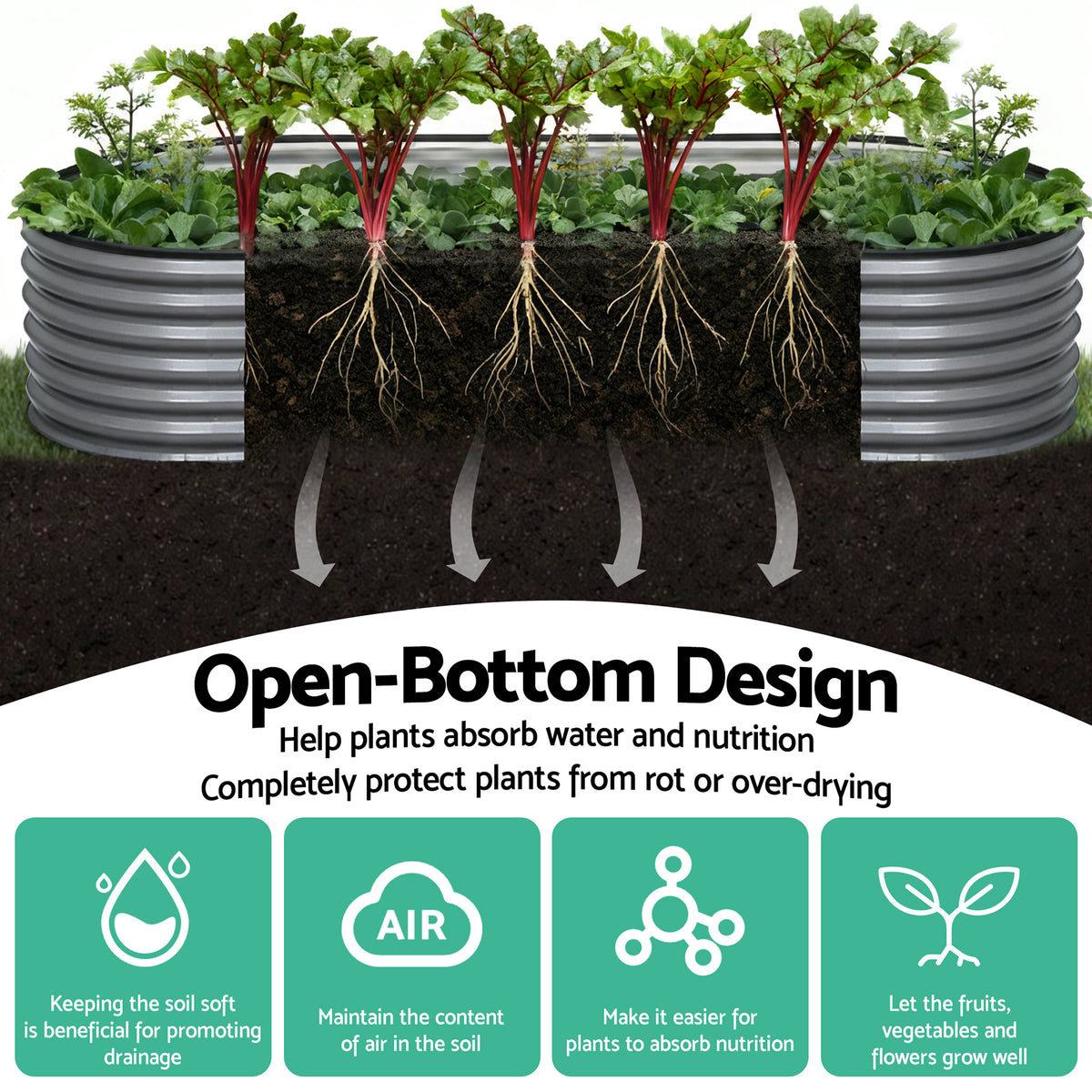 Green Fingers 4 Pcs Raised Garden Bed Kit Oval Galvanized Steel Planter Boxes 320x80x56cm, Heavy Duty Metal Elevated Garden Bed for Vegetables Flowers Herbs, with Safety Edging, Gloves & Pegs Included