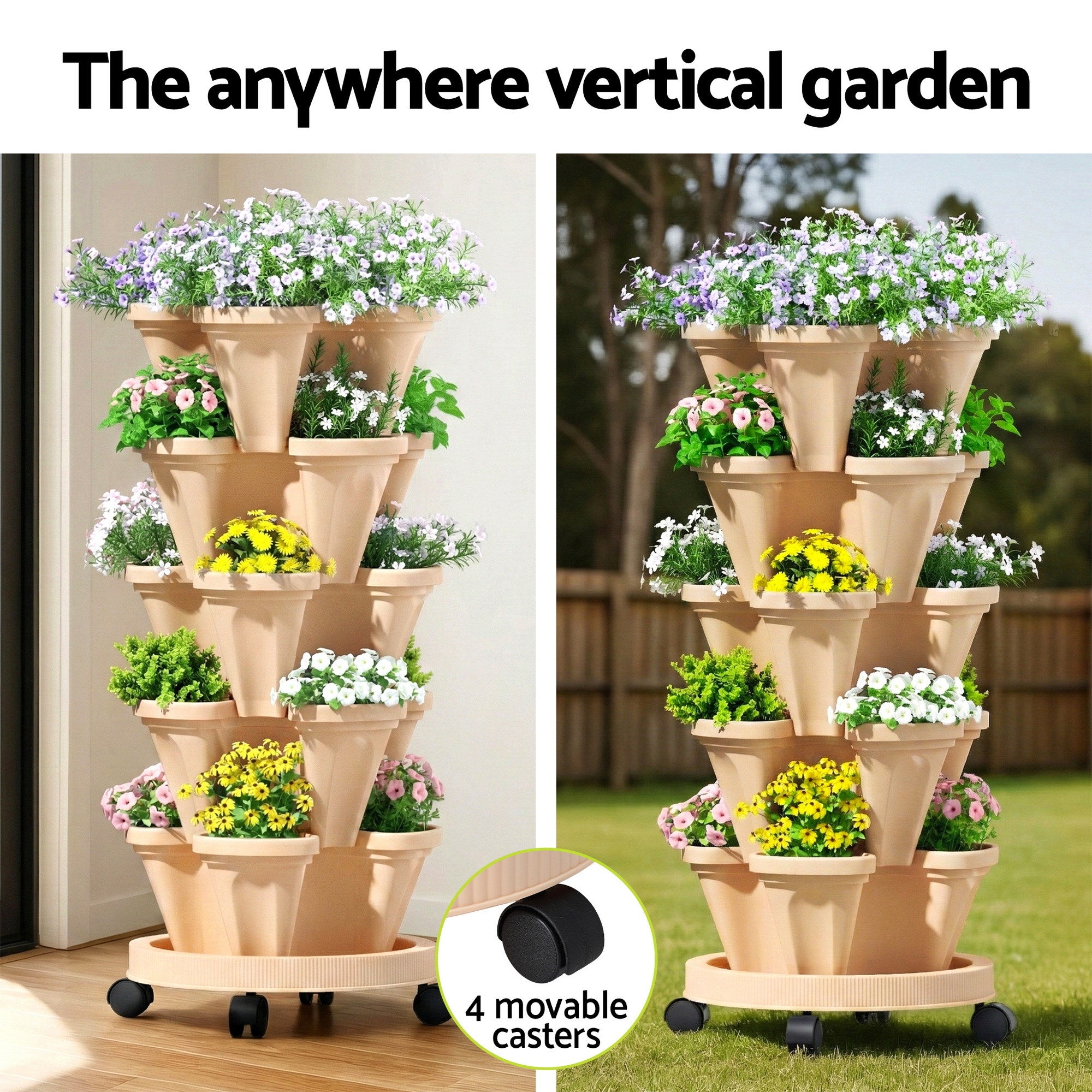 Green Fingers Garden Bed 5 Tier Vertical Garden Grey Strawberry Stackable Planters Herbs Beige