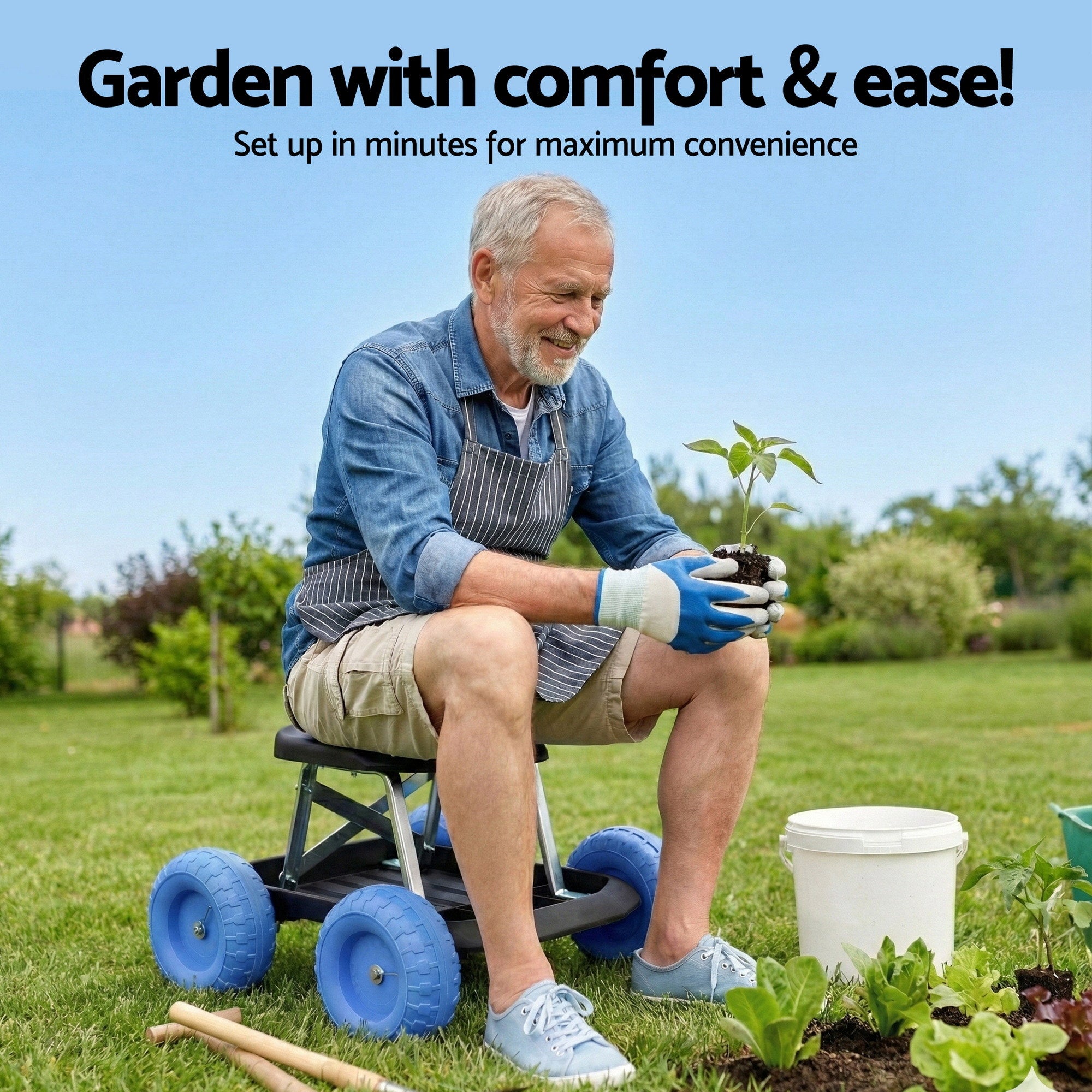 Gardeon Garden Cart Seat with Wheels, Rolling Work Stool with Tool Storage Tray, 440lbs (200kg) Heavy Duty Capacity Garden Stool for Outdoor Yard Work, Car Detailing, and Garage Maintenance, Blue/Black