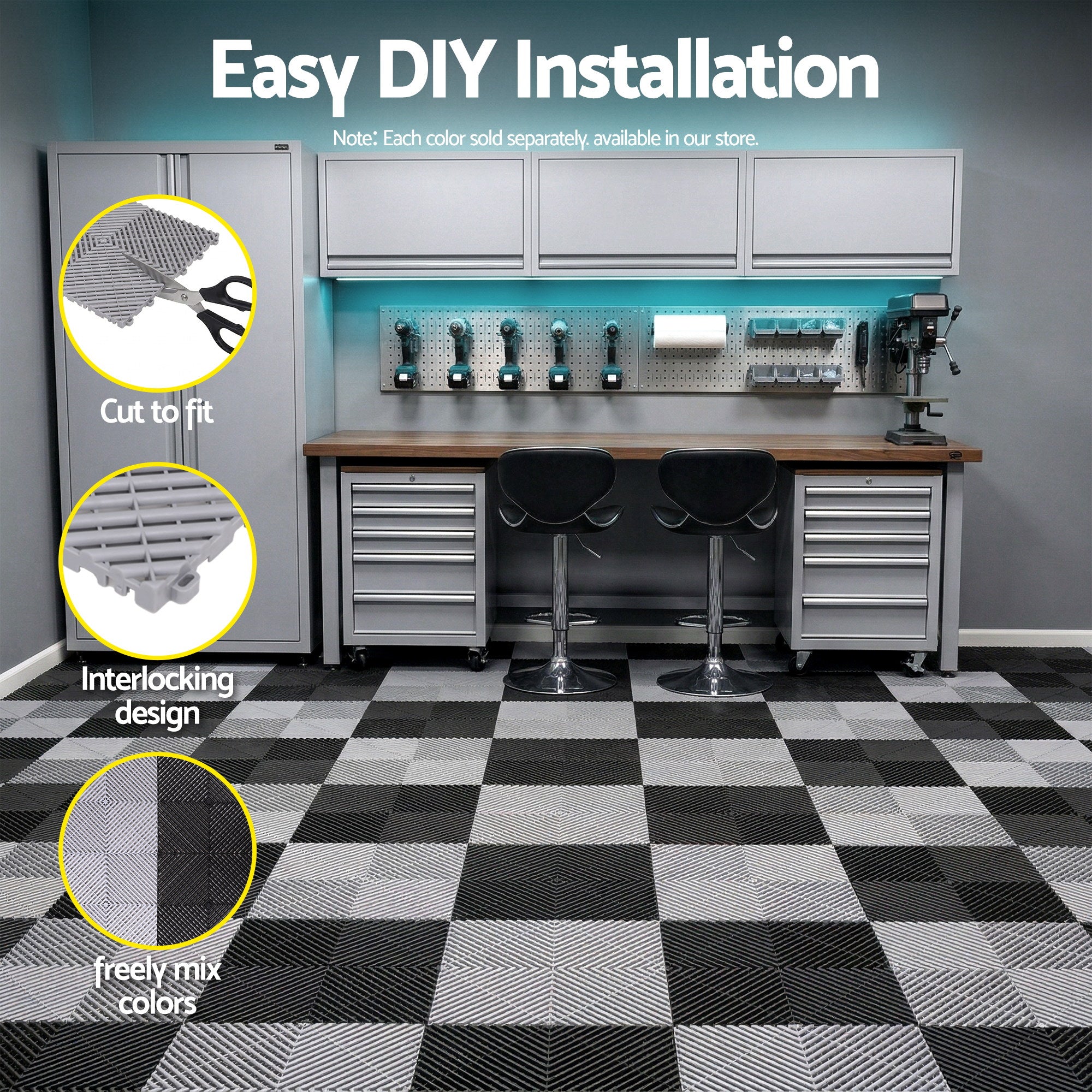 Giantz 20PCS Garage Floor Tiles Interlocking Drainage Non-Slip Tiles Heavy Duty for Workshop Grey