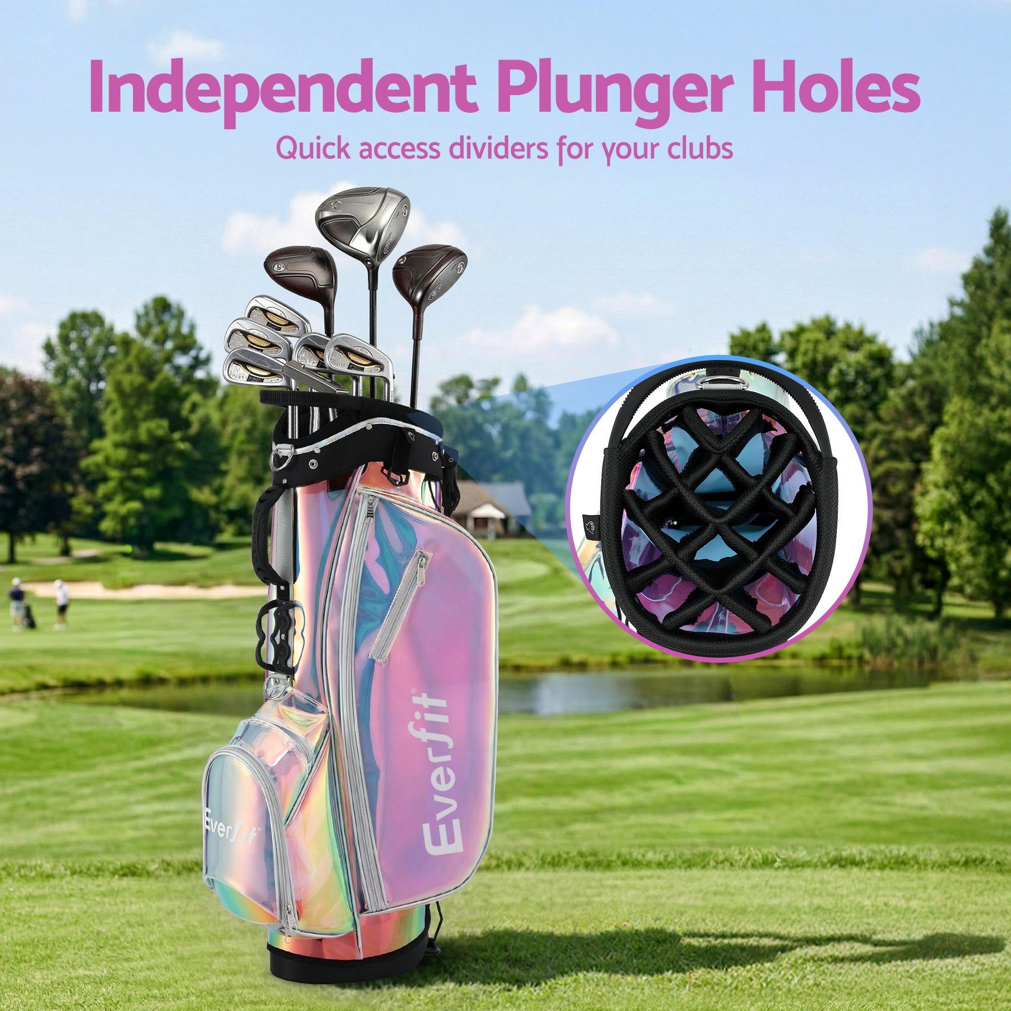 Everfit Golf Stand Bag Lightweight Carry Bag Dual Strap Club Divider Holographic