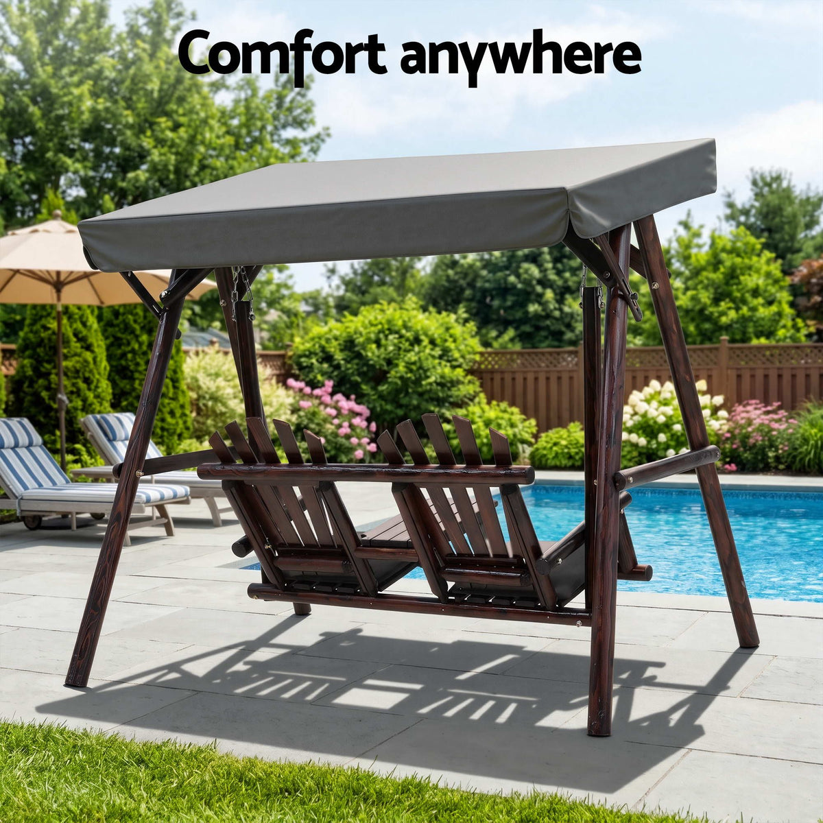 Gardeon Outdoor Wooden Swing Chair with Canopy Middle Table Charcoal