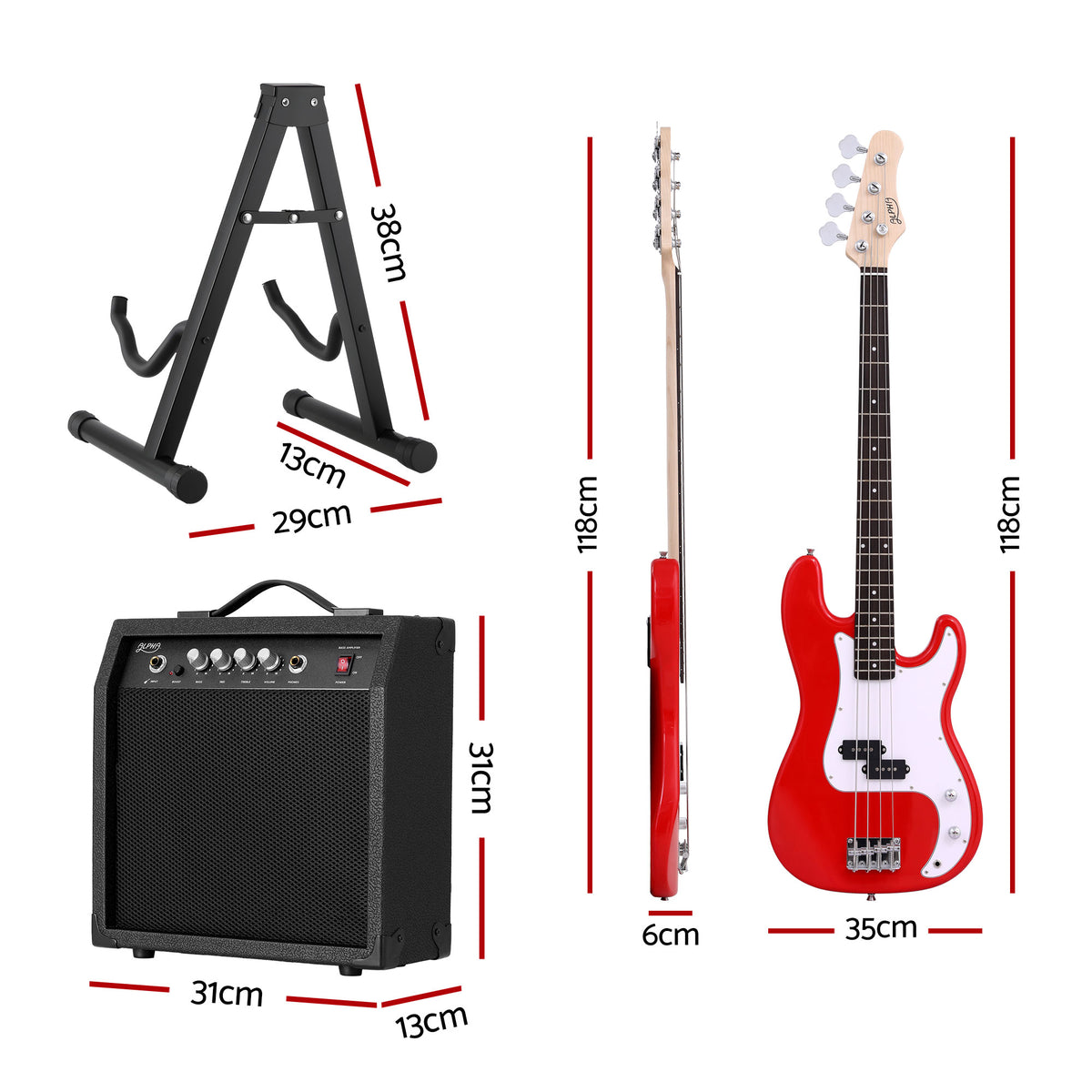 Alpha Electric Guitar Bass 47 Inch Set Kit 40W Bass Guitar Amplifier Guitar Stand Folding