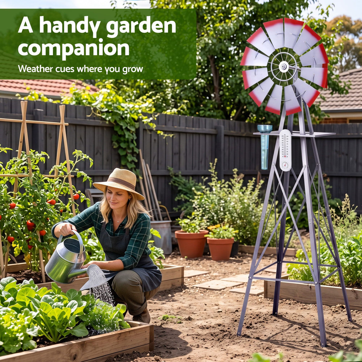 Gardeon Garden Windmill Metal Weather Station with Rain Gauge 182cm Silver