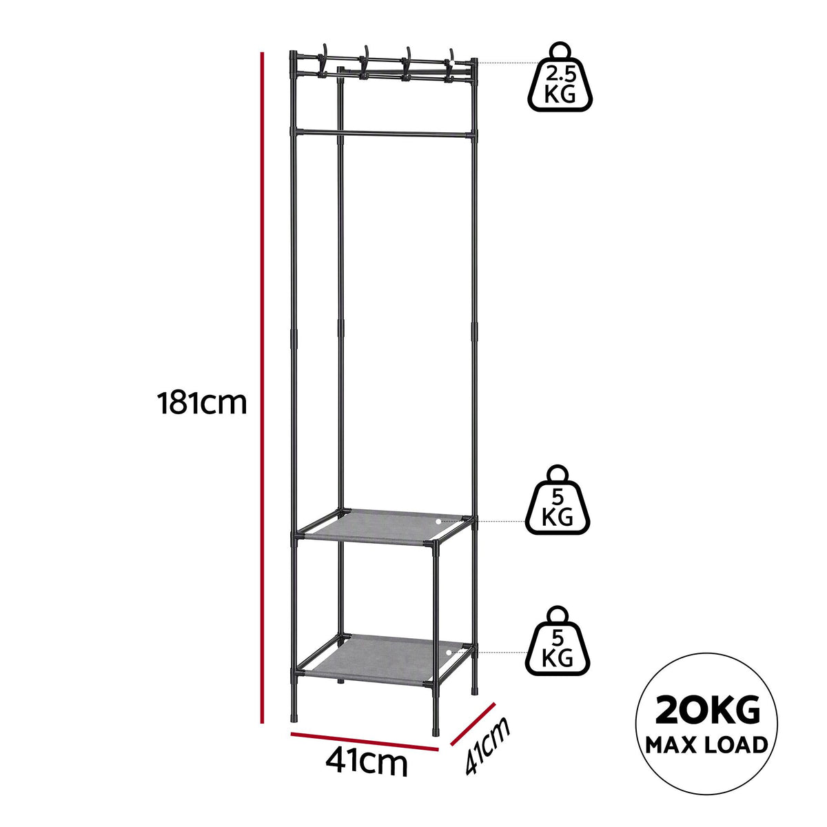 Artiss Coat Rack 181cm Freestanding Corner Hall Tree Garment Organiser Storage Shelf 8 Hooks Black