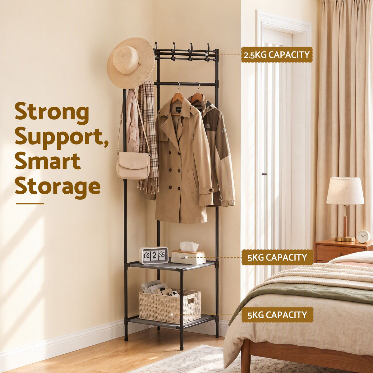 Artiss Coat Rack 181cm Freestanding Corner Hall Tree Garment Organiser Storage Shelf 8 Hooks Black