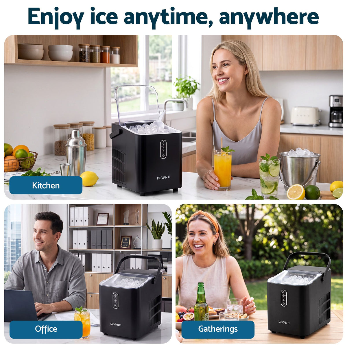 Devanti Ice Maker Portable Ice Machine Countertop Bullet Cube 12KG Black
