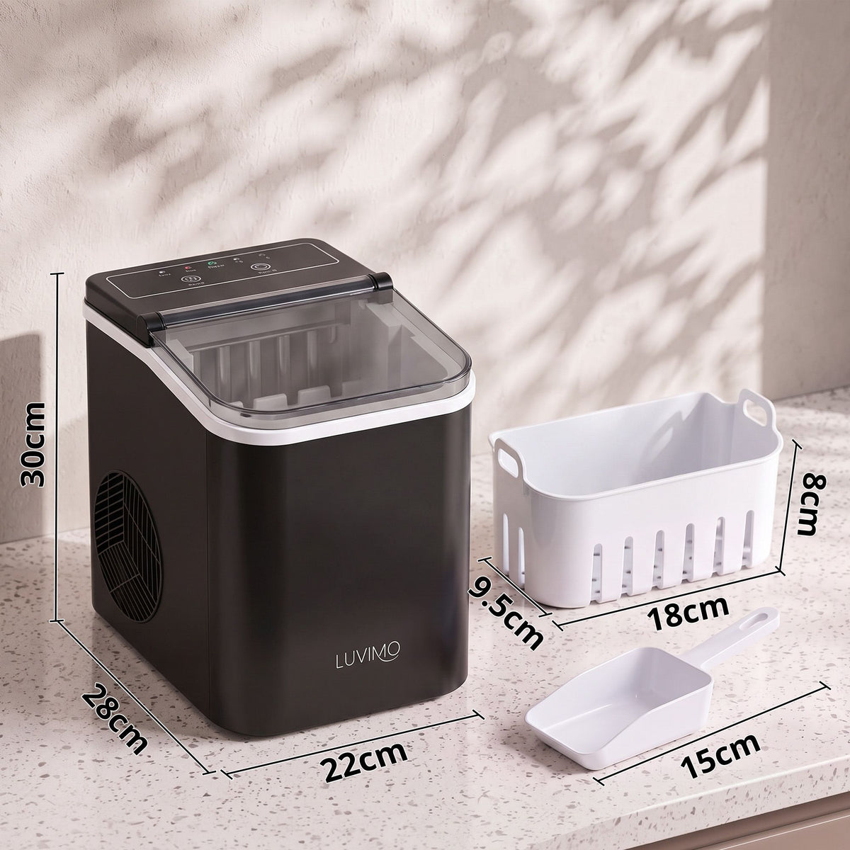 LUVIMO 12kg Ice Maker Machine Full Open Cover Deep Clean - Black