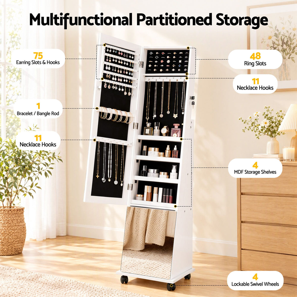 Artiss Jewelry Cabinet Frameless Full Length Mirror with Wheels, White