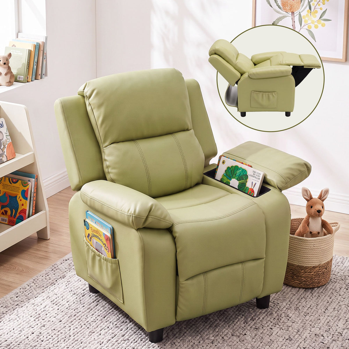 Keezi Kids Recliner Chair PU Leather Toddler Lounge Adjustable Backrest w/ Armrest Storage & 2 Side Pockets Green