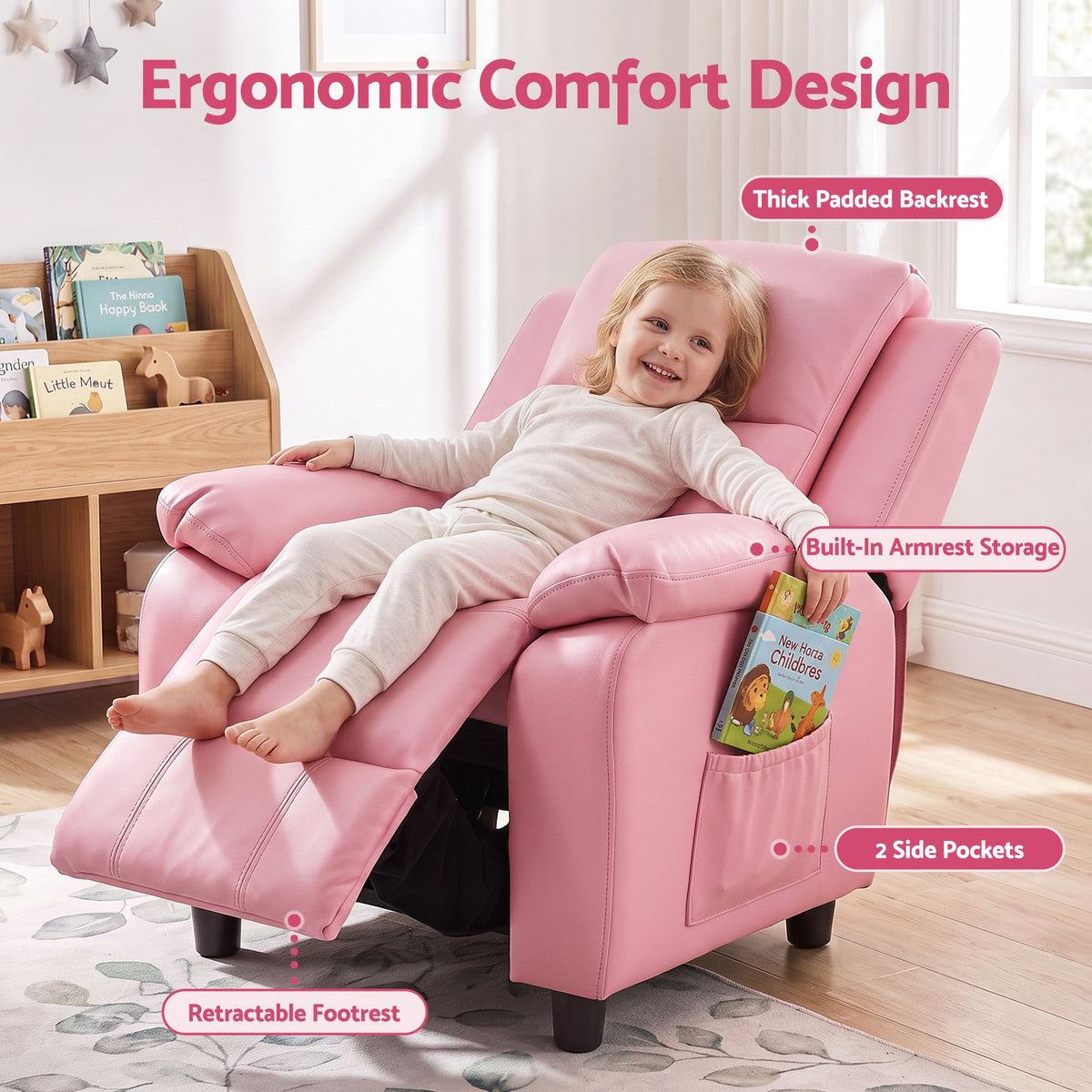 Keezi Kids Recliner Chair PU Leather Toddler Lounge Adjustable Backrest w/ Armrest Storage & 2 Side Pockets Pink