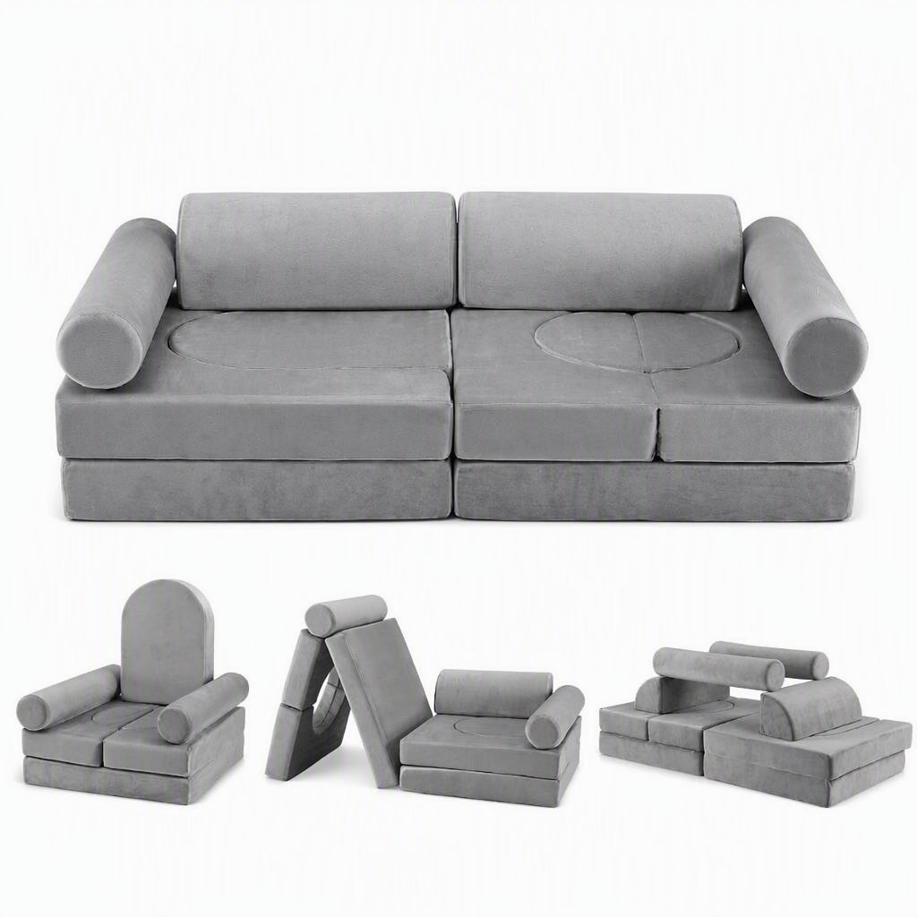 Keezi 12PCS Modular Kids Sofa Play Couch Foam Set with Removable Washable Cover Grey Playroom