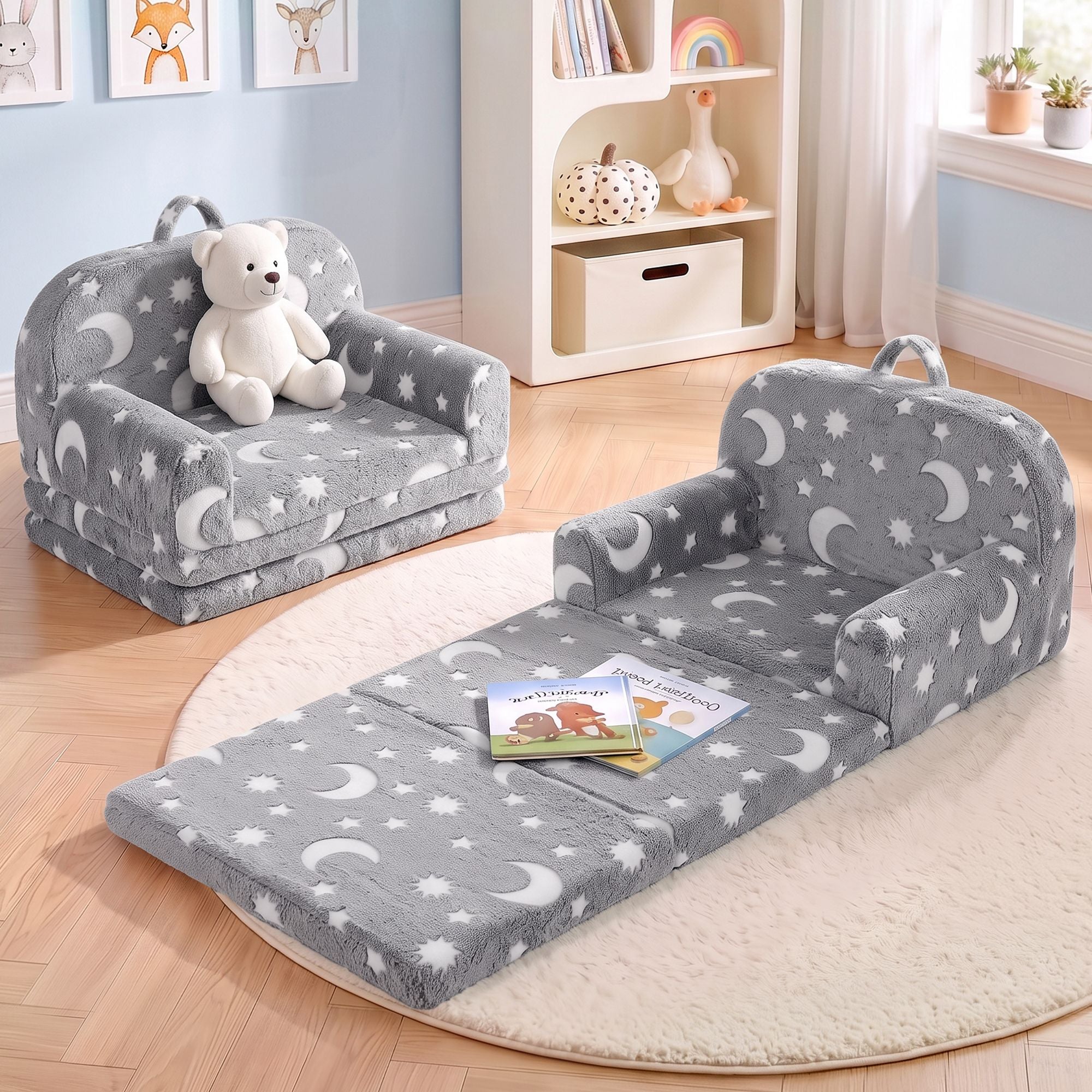 Keezi Kids 2-in-1 Fold Out Sofa Bed with Removable Washable Cover, Carry Handle, Storage Pocket, Glow in the Dark, Grey