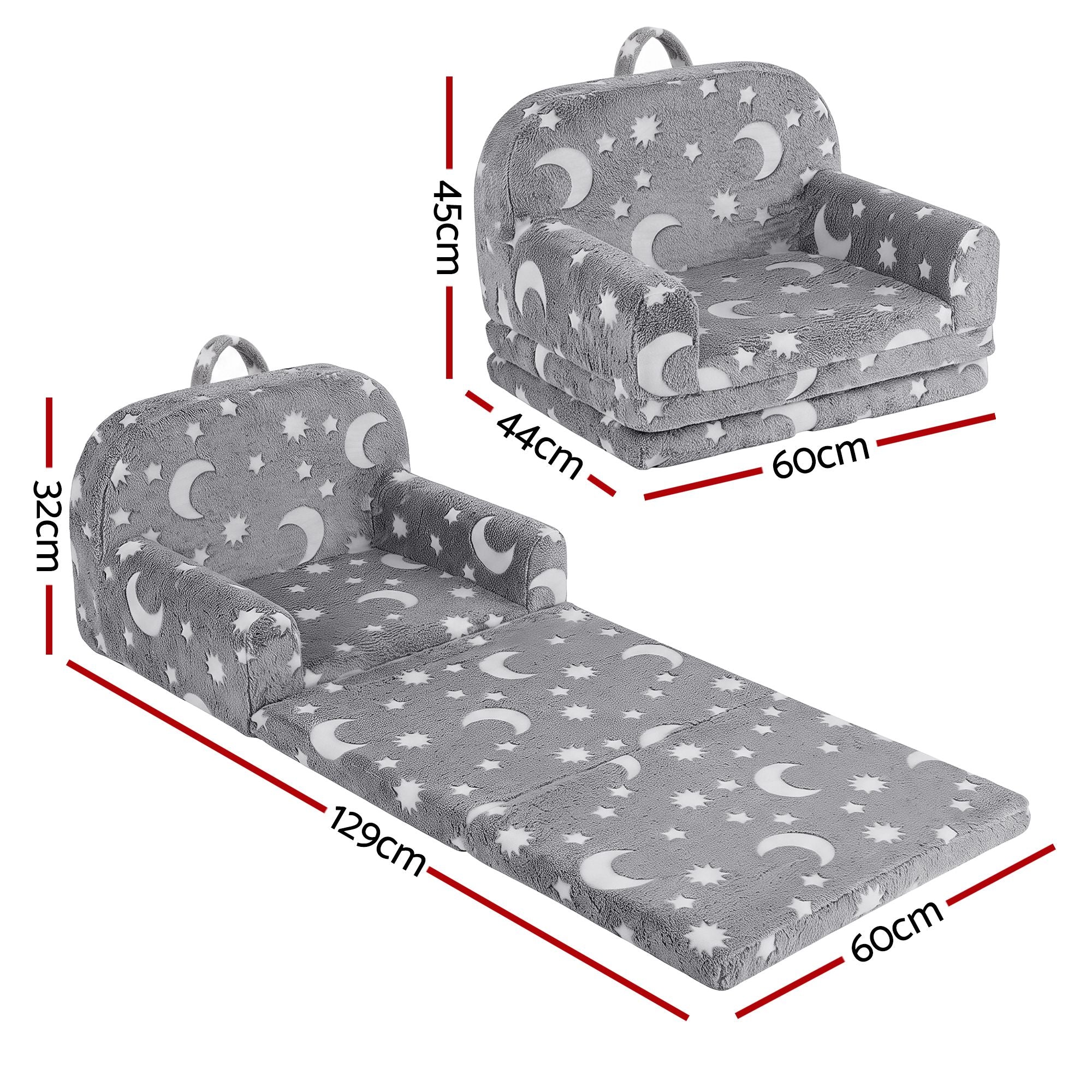 Keezi Kids 2-in-1 Fold Out Sofa Bed with Removable Washable Cover, Carry Handle, Storage Pocket, Glow in the Dark, Grey