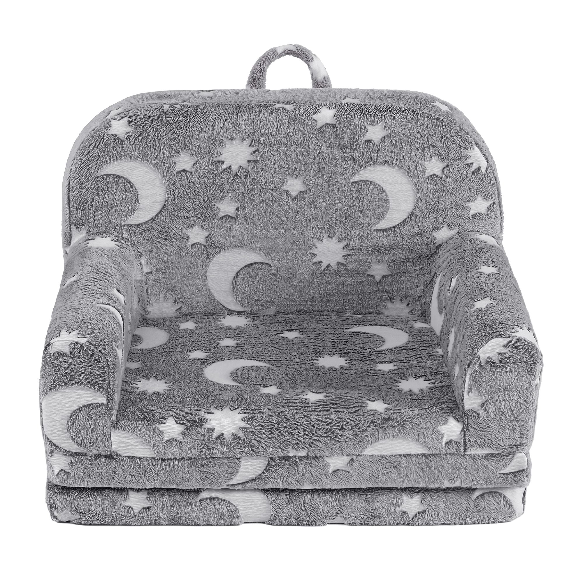 Keezi Kids 2-in-1 Fold Out Sofa Bed with Removable Washable Cover, Carry Handle, Storage Pocket, Glow in the Dark, Grey