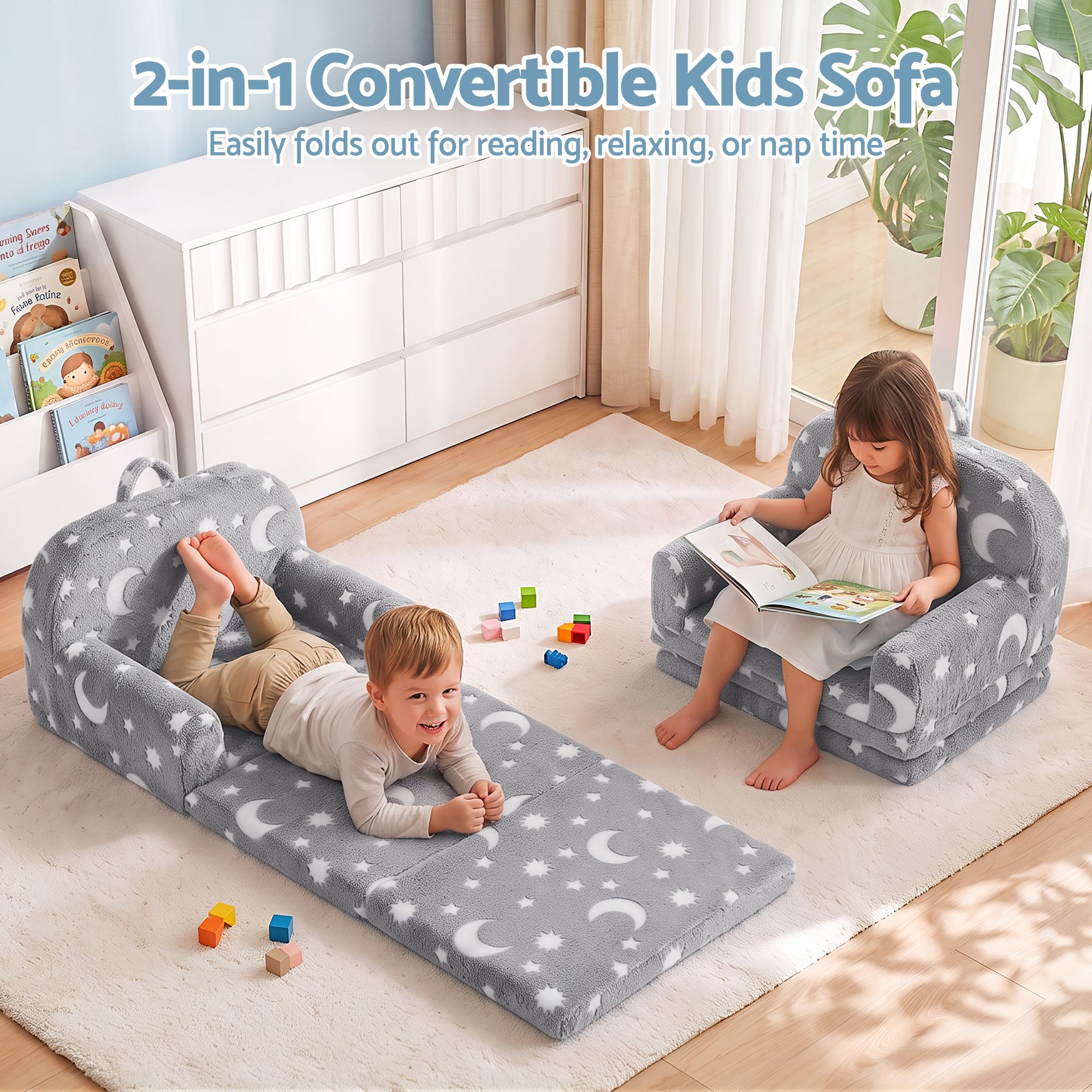 Keezi Kids 2-in-1 Fold Out Sofa Bed with Removable Washable Cover, Carry Handle, Storage Pocket, Glow in the Dark, Grey