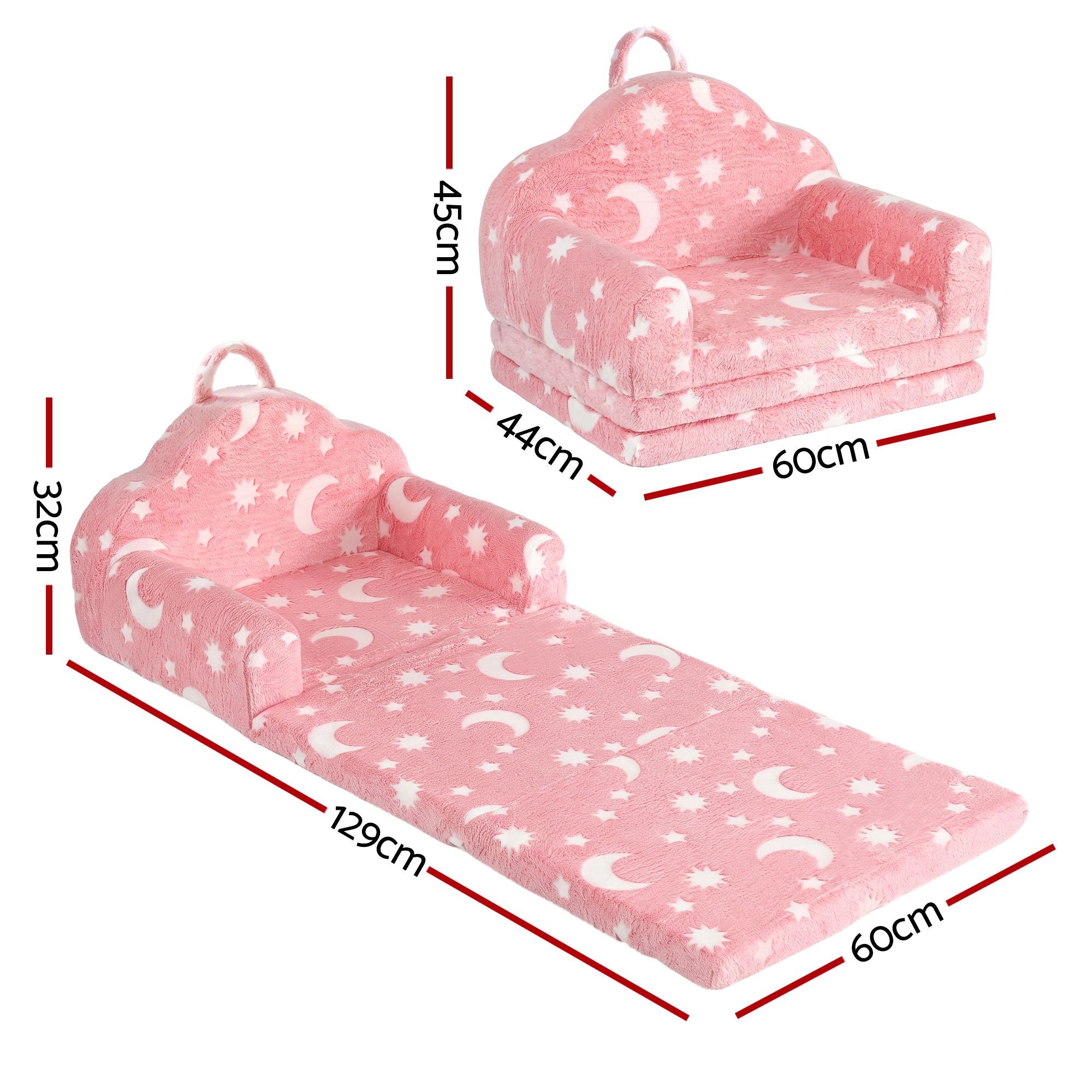 Keezi Kids 2-in-1 Fold Out Sofa Bed with Removable Washable Cover, Carry Handle, Storage Pocket, Glow in the Dark, Pink