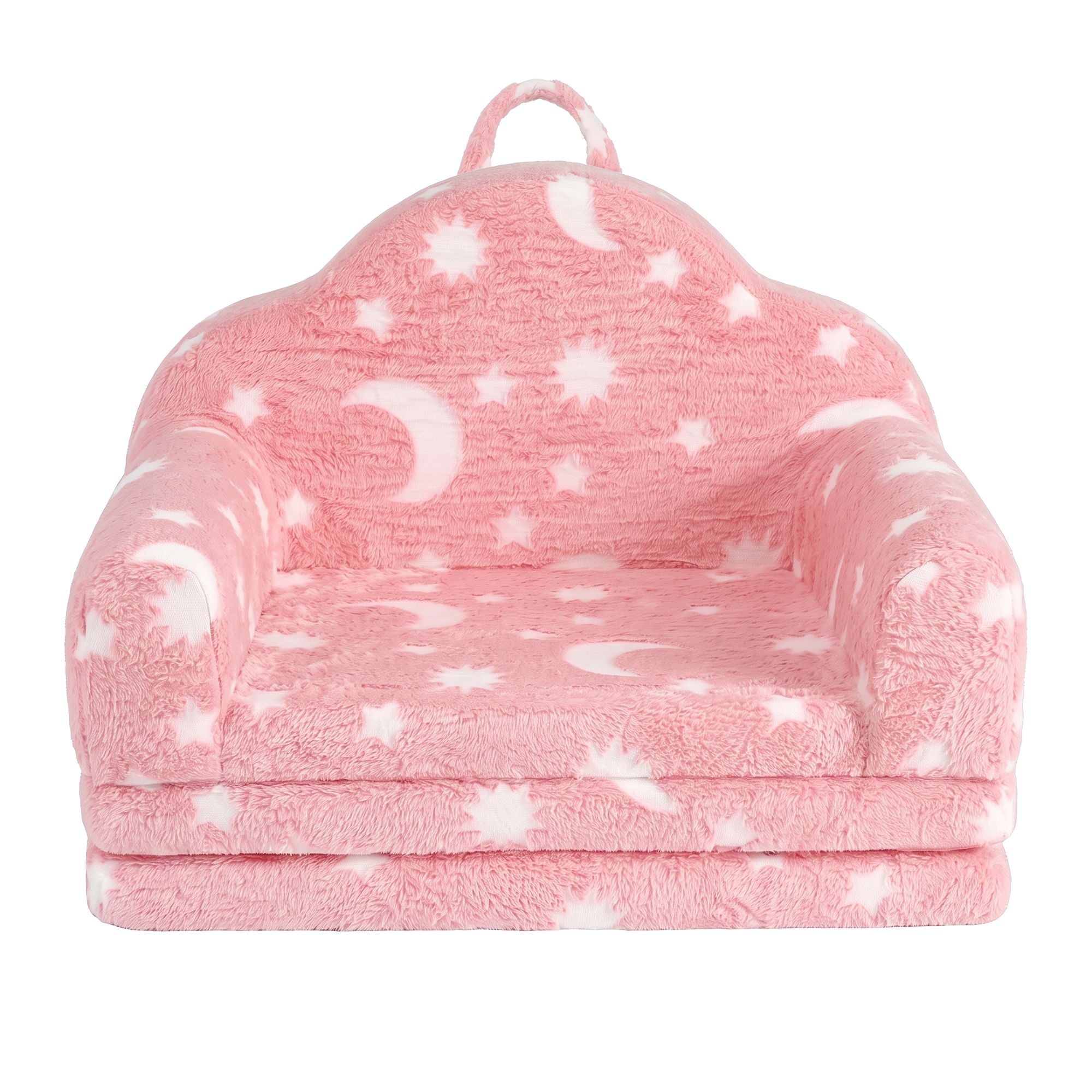 Keezi Kids 2-in-1 Fold Out Sofa Bed with Removable Washable Cover, Carry Handle, Storage Pocket, Glow in the Dark, Pink