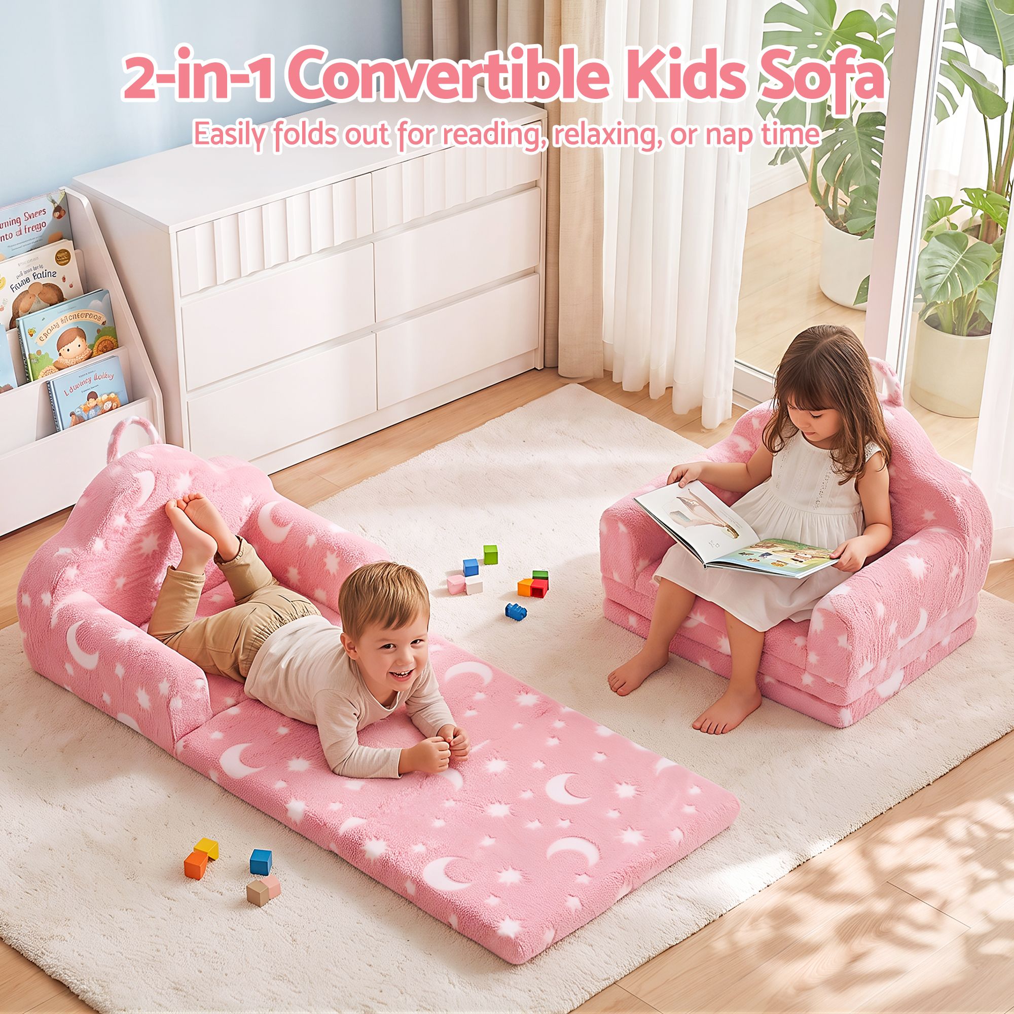 Keezi Kids 2-in-1 Fold Out Sofa Bed with Removable Washable Cover, Carry Handle, Storage Pocket, Glow in the Dark, Pink