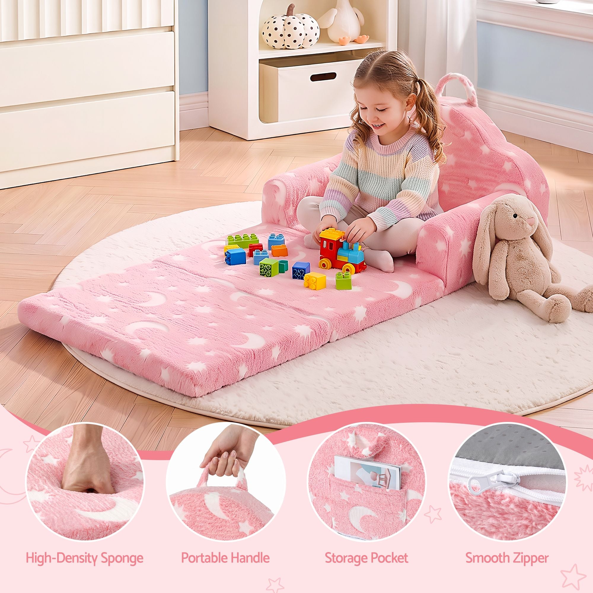 Keezi Kids 2-in-1 Fold Out Sofa Bed with Removable Washable Cover, Carry Handle, Storage Pocket, Glow in the Dark, Pink