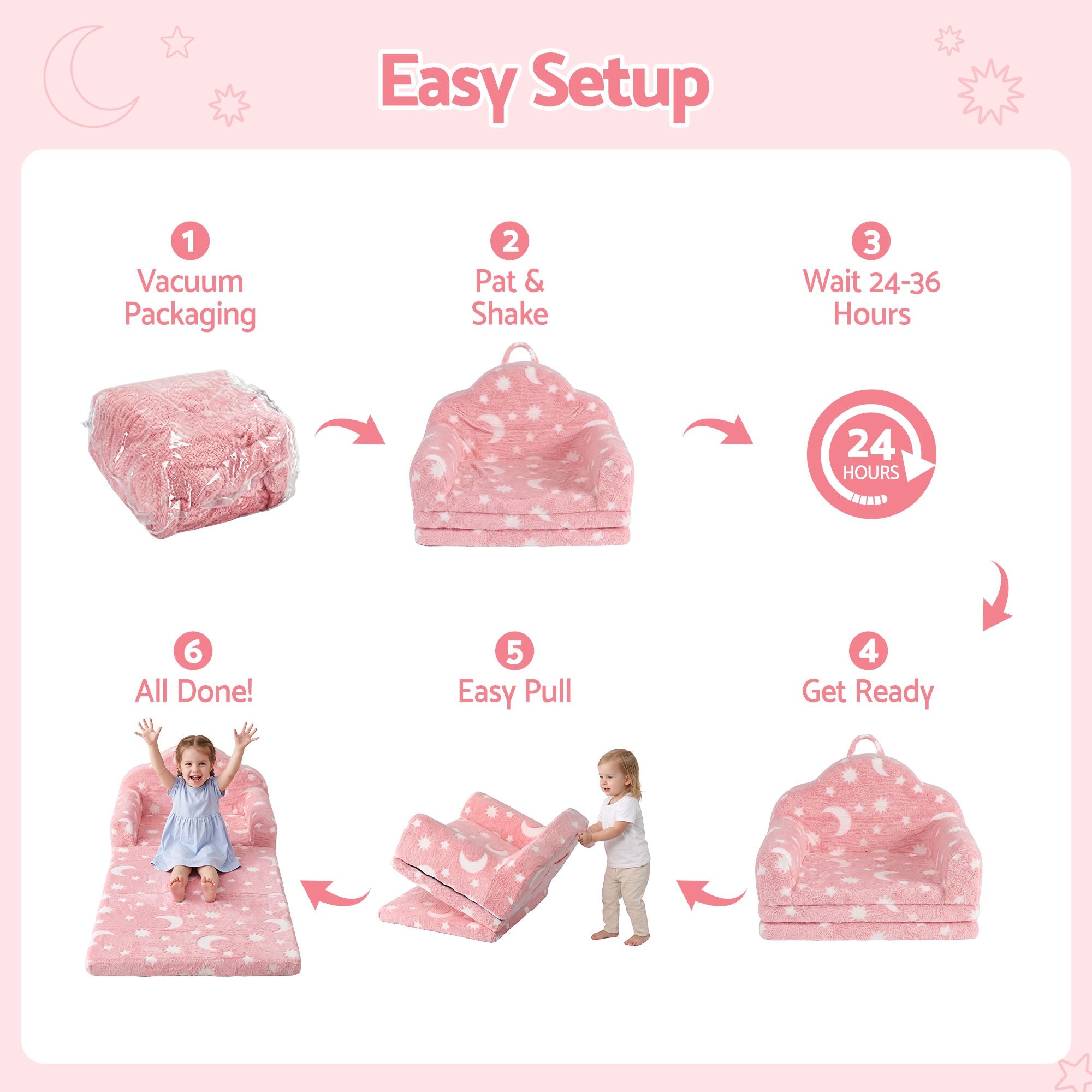 Keezi Kids 2-in-1 Fold Out Sofa Bed with Removable Washable Cover, Carry Handle, Storage Pocket, Glow in the Dark, Pink