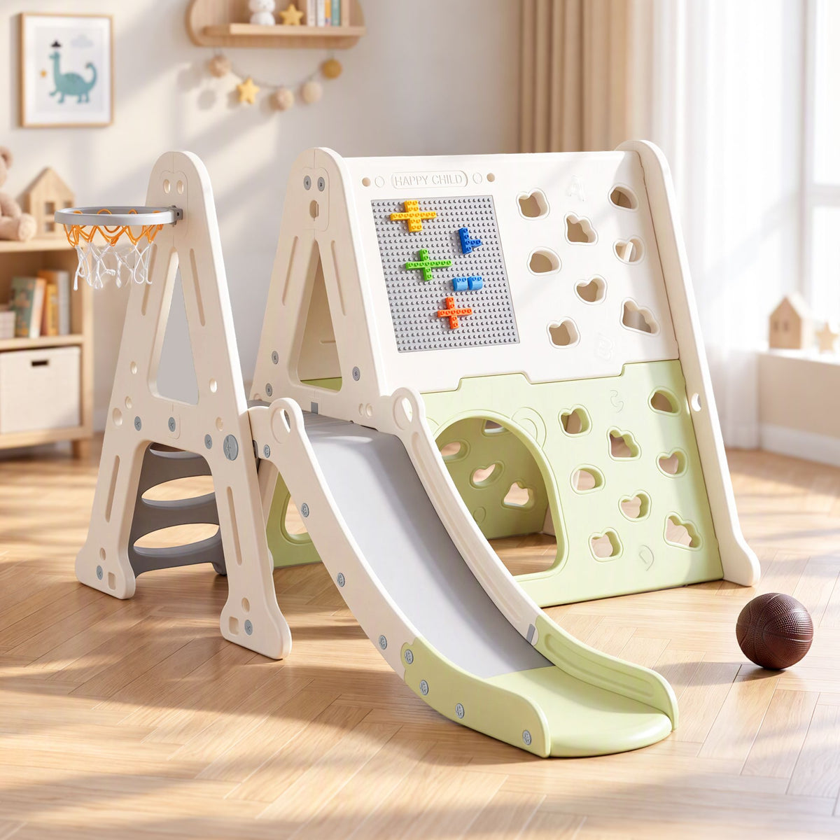 Keezi 5-in-1 Kids Slide Climbing Frame Basketball Hoop Play Set Blocks 3+