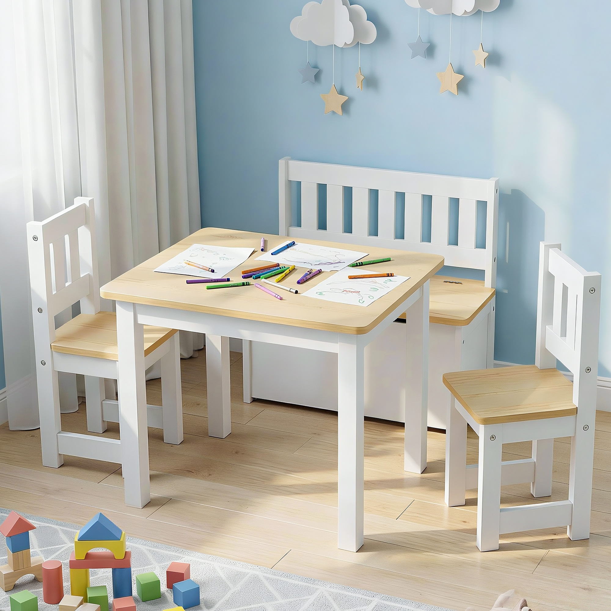 Keezi 2 in 1 Kids Table and Chair Set, Activity Table with Storage Bench and 2 Chairs for Reading, Drawing, Writing, Snack Time & Arts Crafts, 4 PCS Toddler Table and Chair Set, Natural